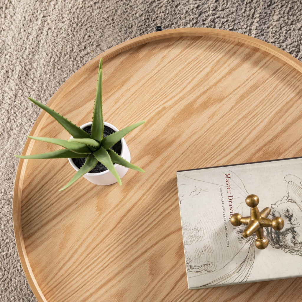 33" Natural and Black Wood and Metal Round Coffee Table-Coffee Tables-DECOROLALA