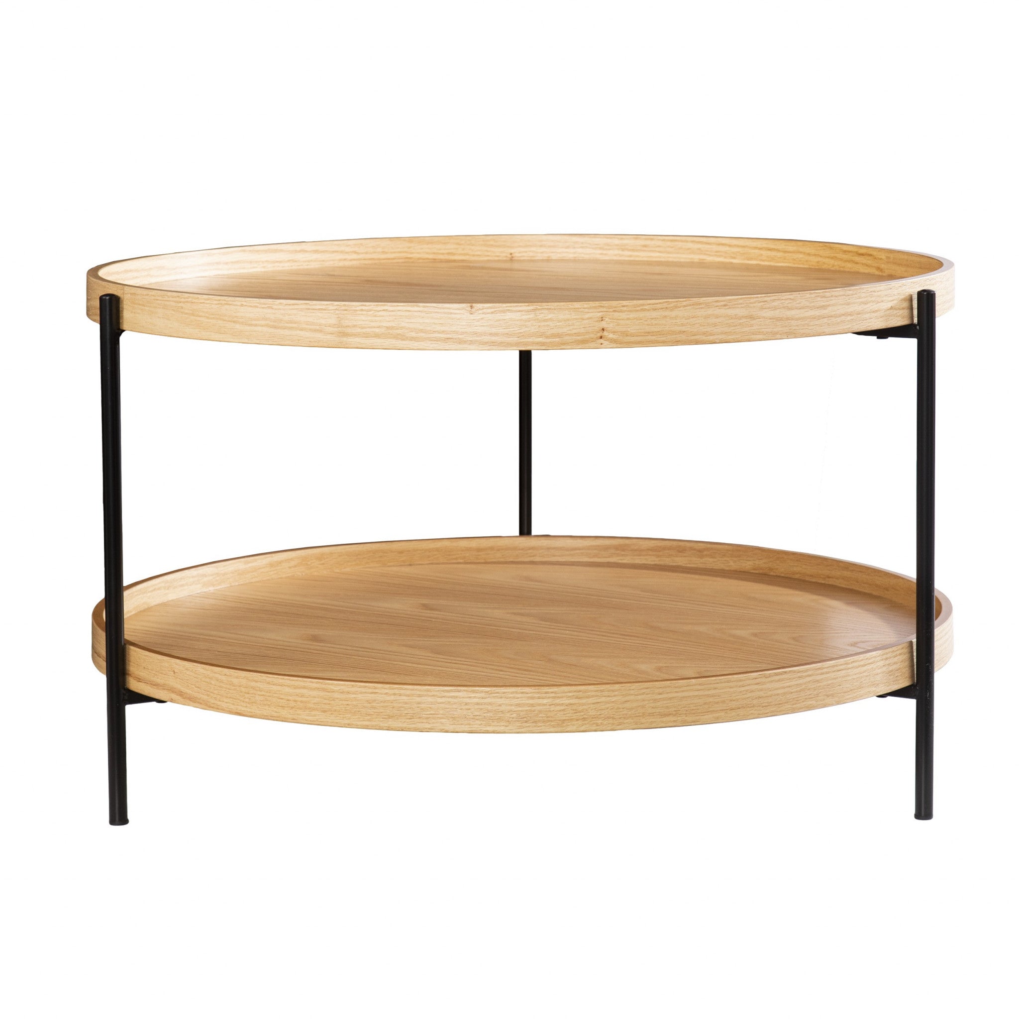 33" Natural and Black Wood and Metal Round Coffee Table-Coffee Tables-DECOROLALA