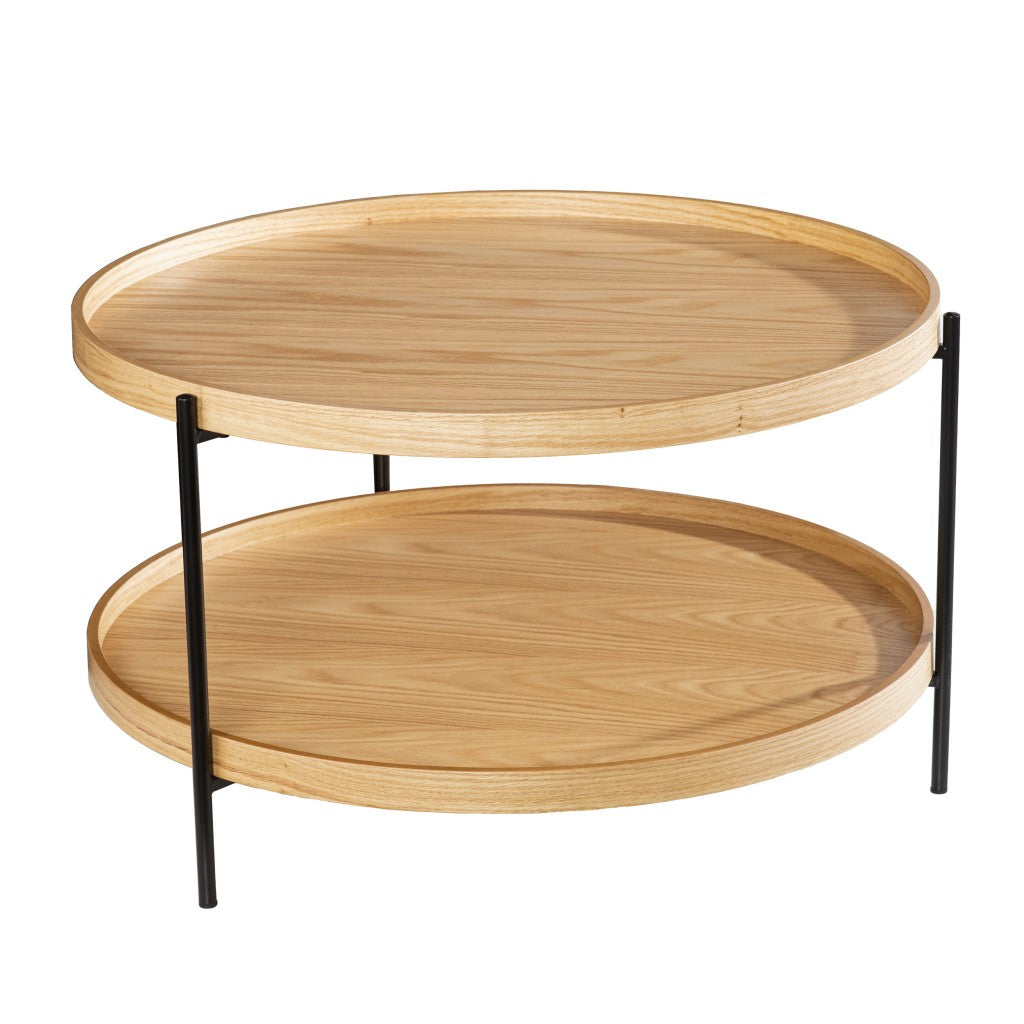 33" Natural and Black Wood and Metal Round Coffee Table-Coffee Tables-DECOROLALA