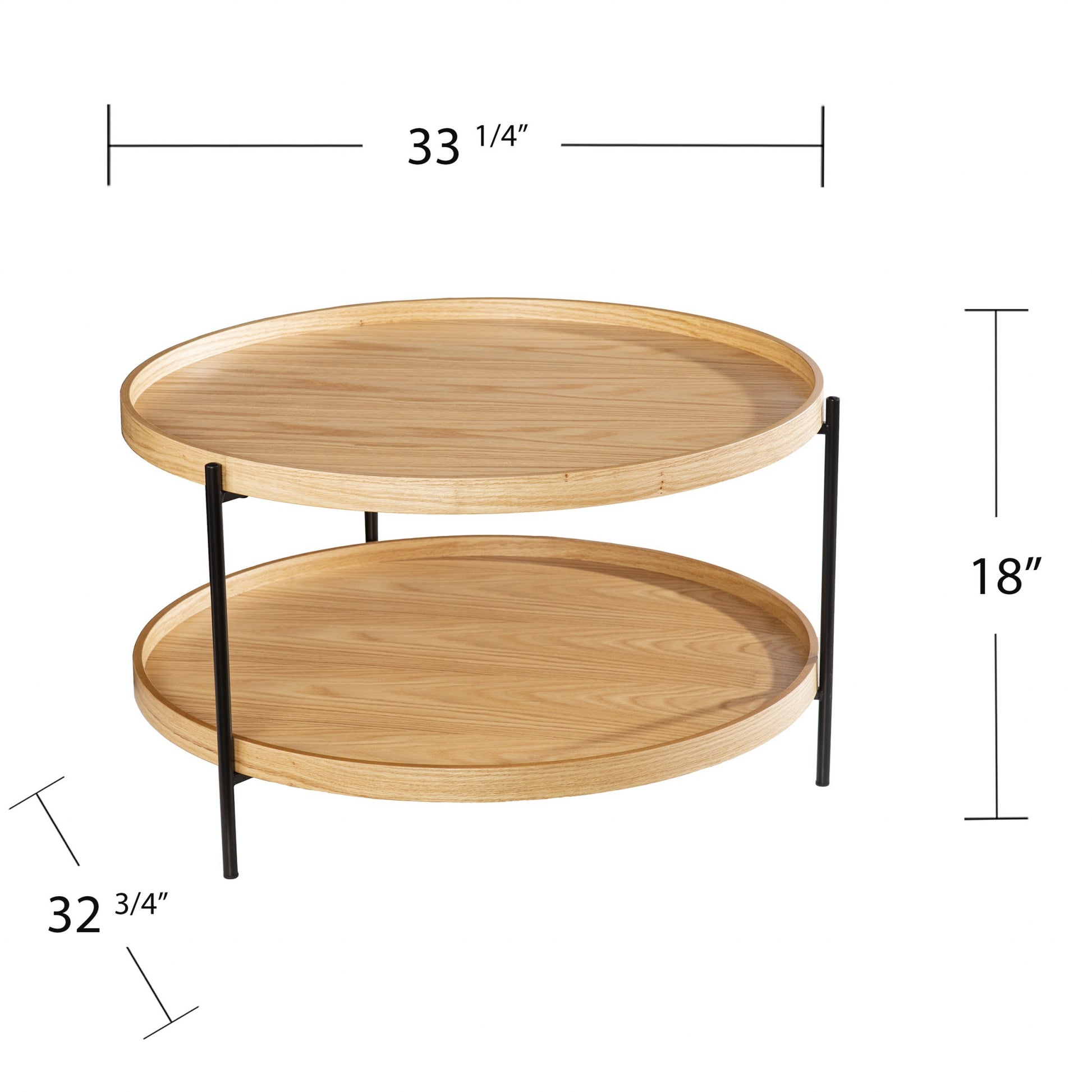 33" Natural and Black Wood and Metal Round Coffee Table-Coffee Tables-DECOROLALA