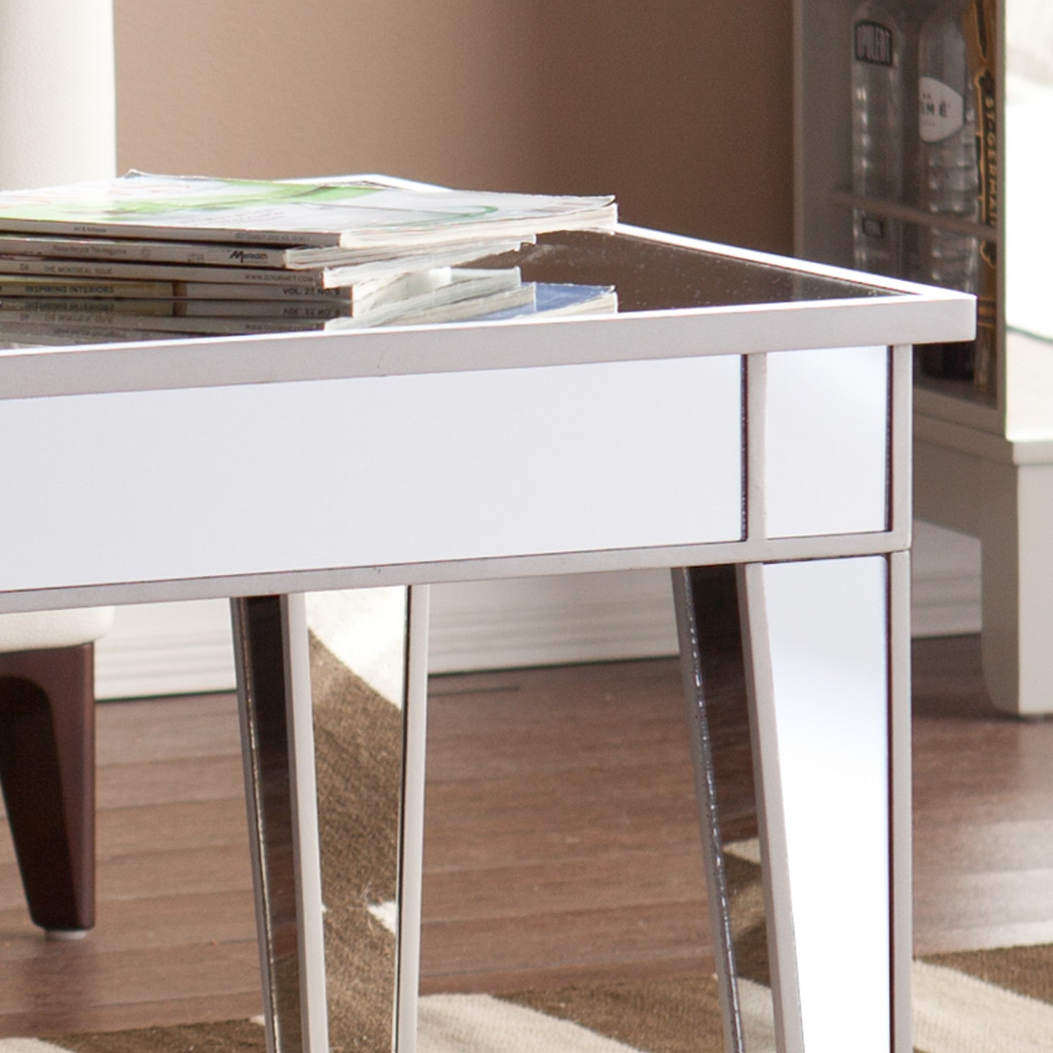 42" Silver Mirrored And Metal Rectangular Mirrored Coffee Table-Coffee Tables-DECOROLALA