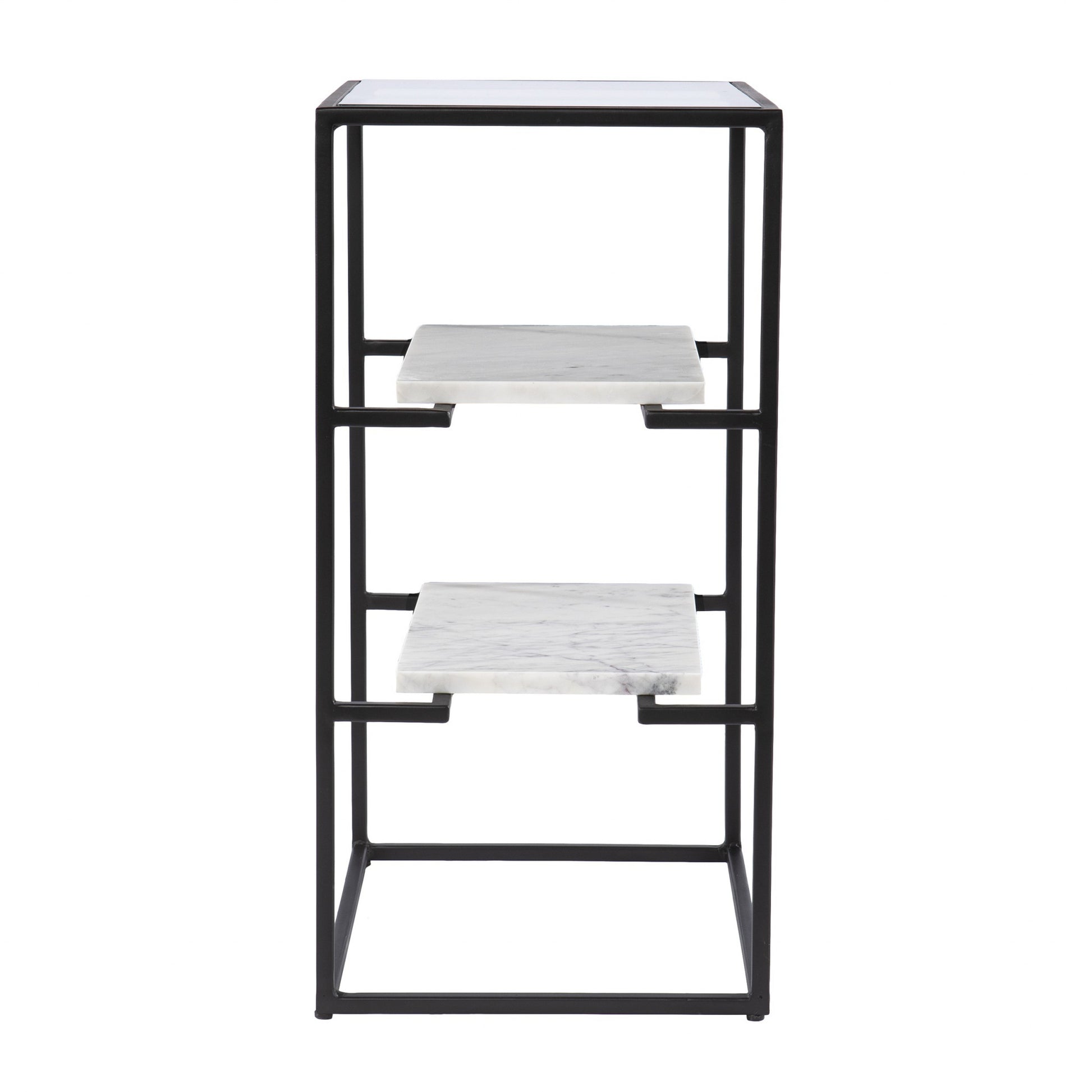 24" Black Glass and Marble Rectangular End Table With Two Shelves-3