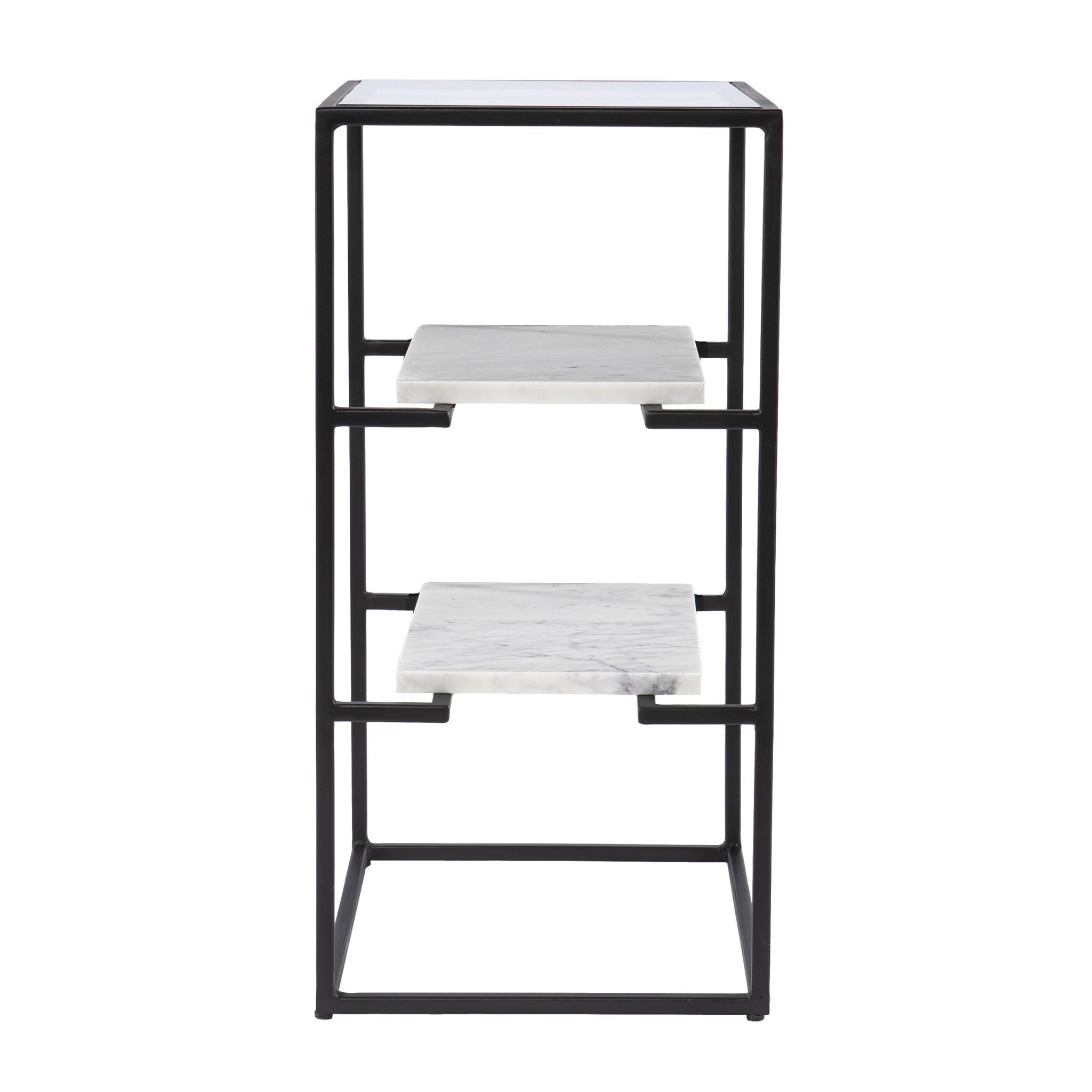 24" Black Glass and Marble Rectangular End Table With Two Shelves-3