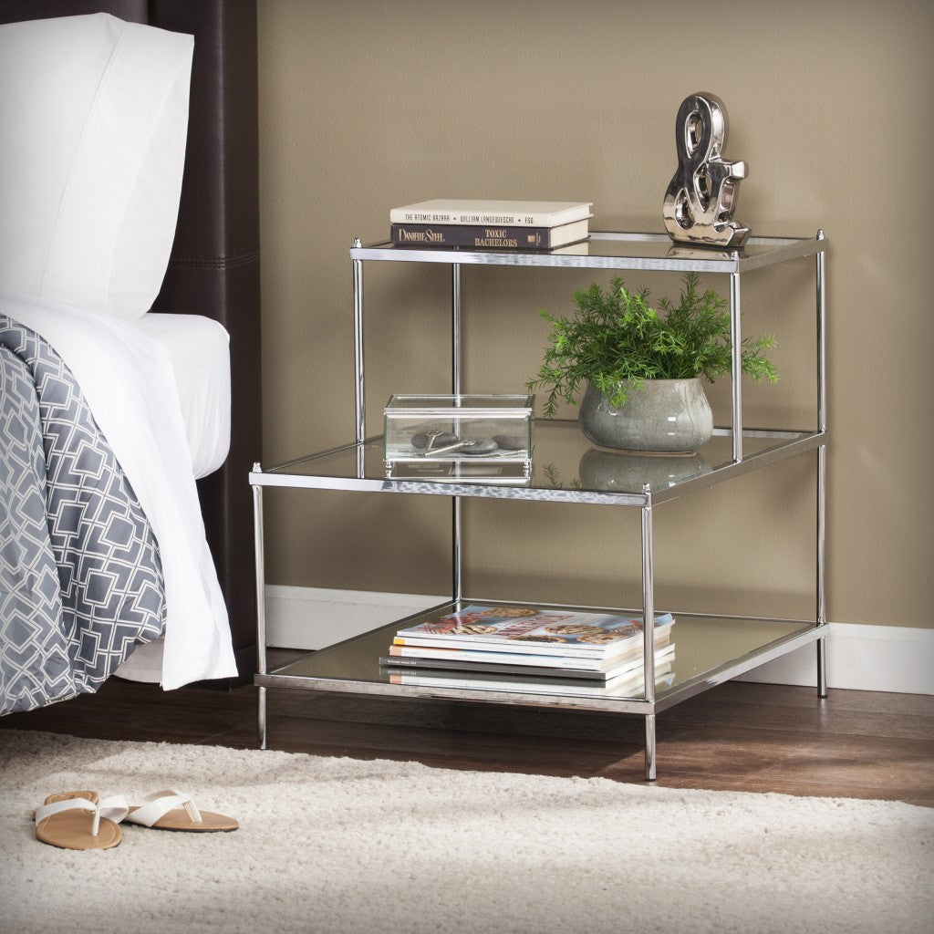24" Silver And Clear Glass Mirrored End Table-End-Side Tables-DECOROLALA