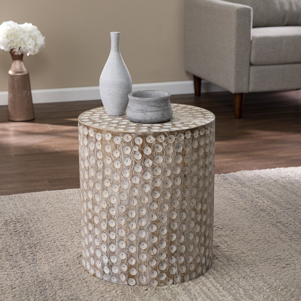 18" Washed White Solid Wood Round End Table-End-Side Tables-DECOROLALA