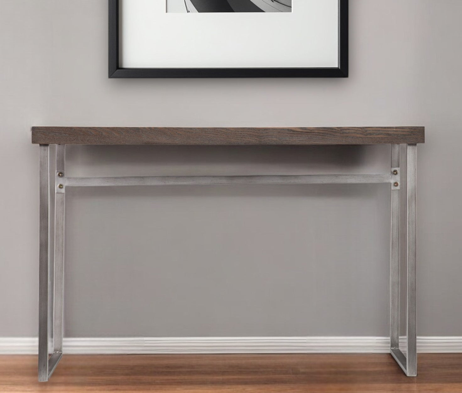 46" Gray Brown and Silver Distressed Sled Console Table-Console Tables-DECOROLALA