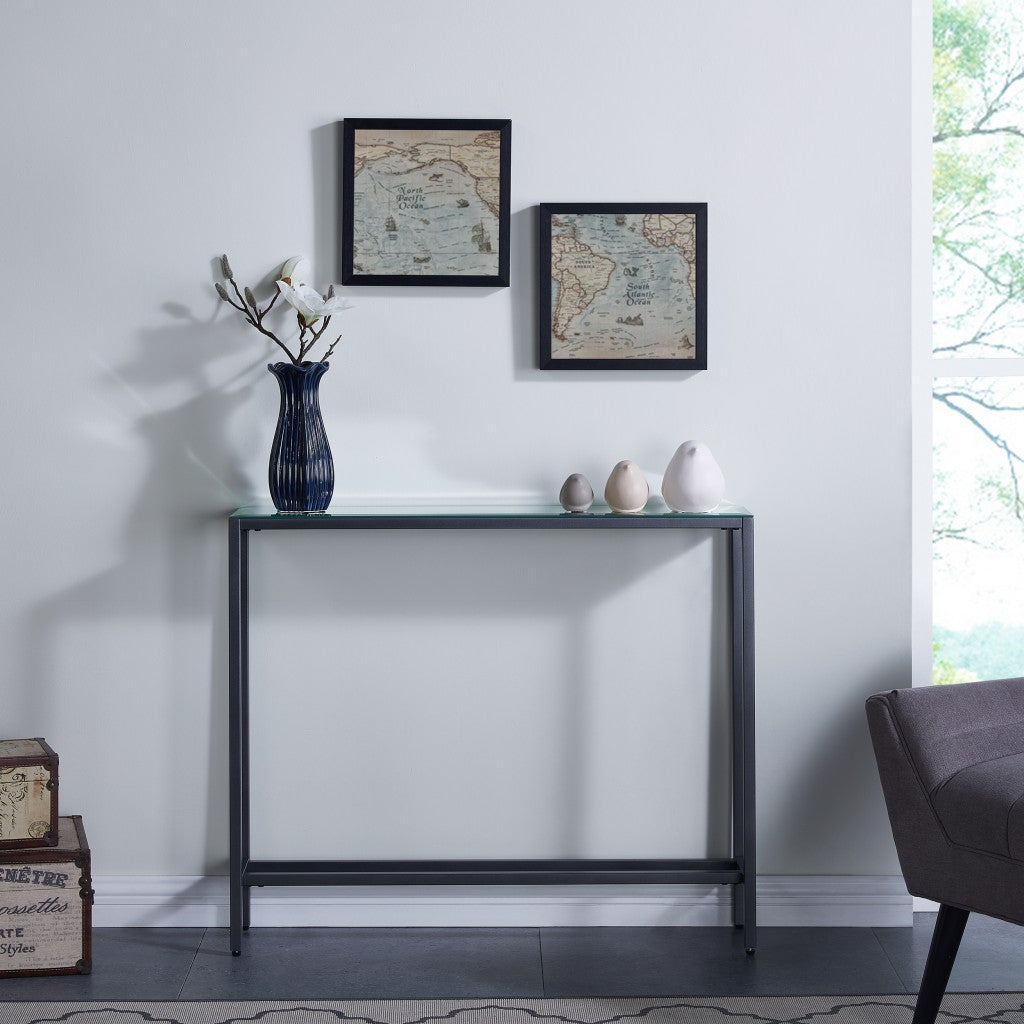 36" Black and Gunmetal Mirrored Glass Console Table-Console Tables-DECOROLALA