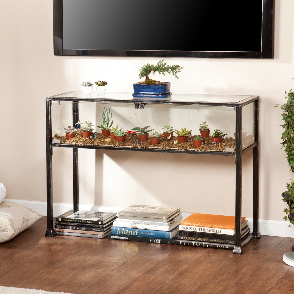 43" Clear and Black Glass Distressed Console Table With Storage-Console Tables-DECOROLALA