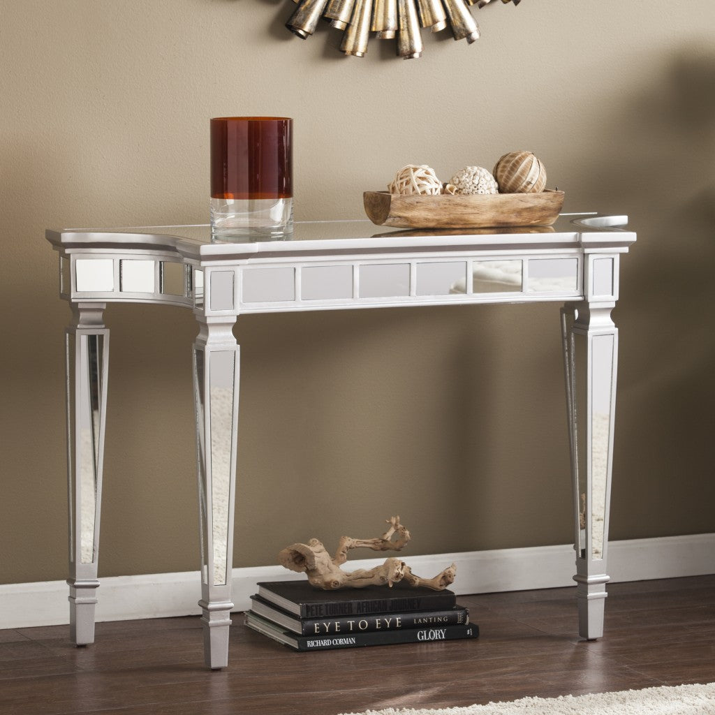 45" Silver Mirrored Glass Free Form Console Table-Console Tables-DECOROLALA