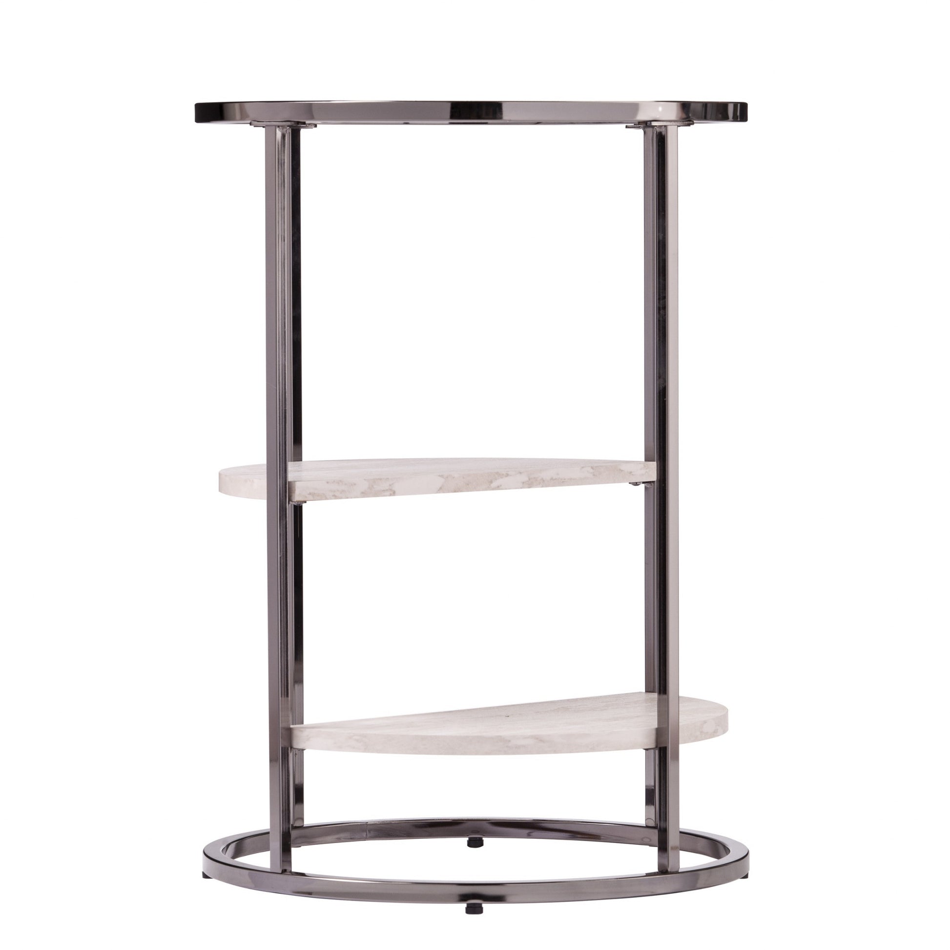 24" Black Metal Glass And Faux Marble Round End Table With Two Shelves-0