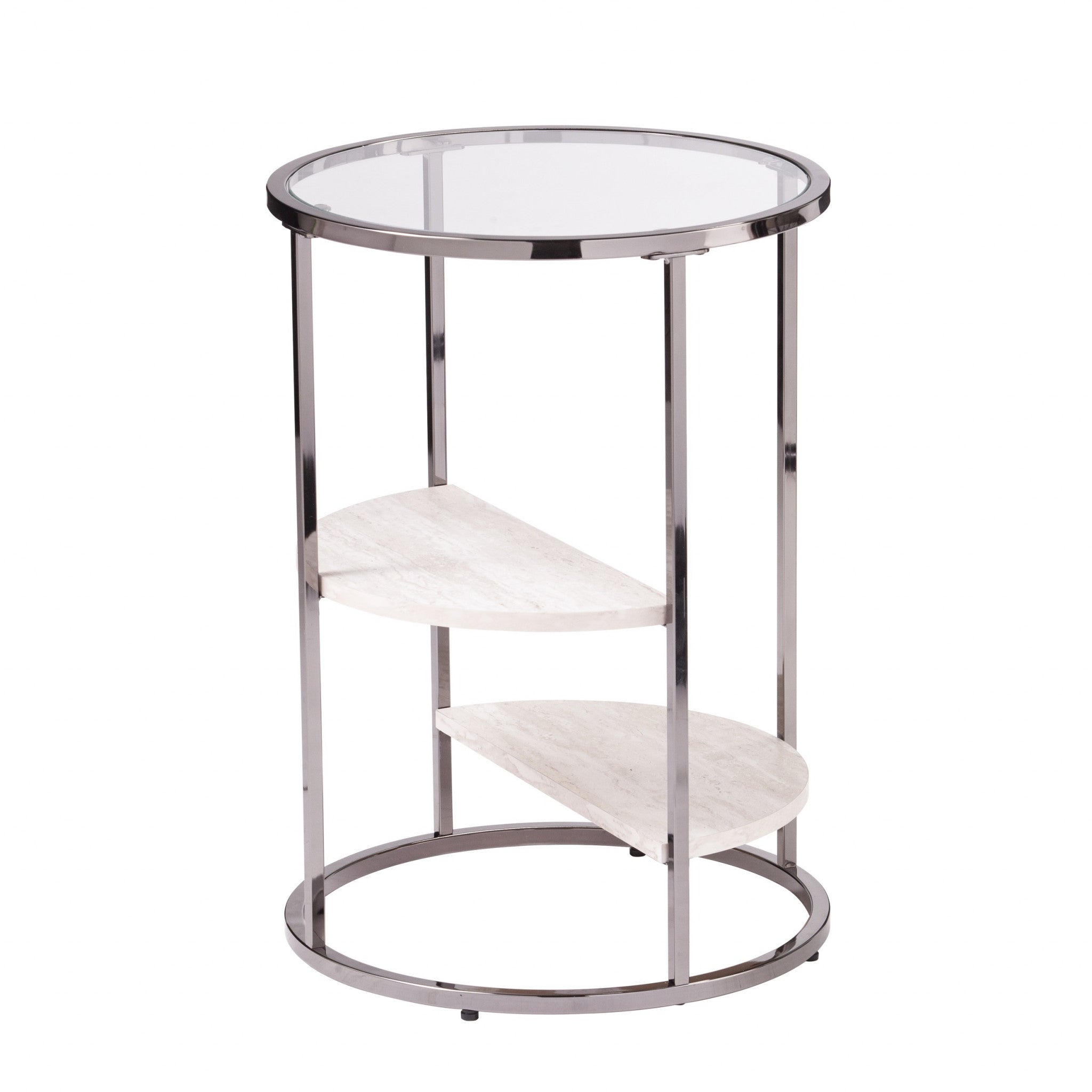 24" Black Metal Glass And Faux Marble Round End Table With Two Shelves-1