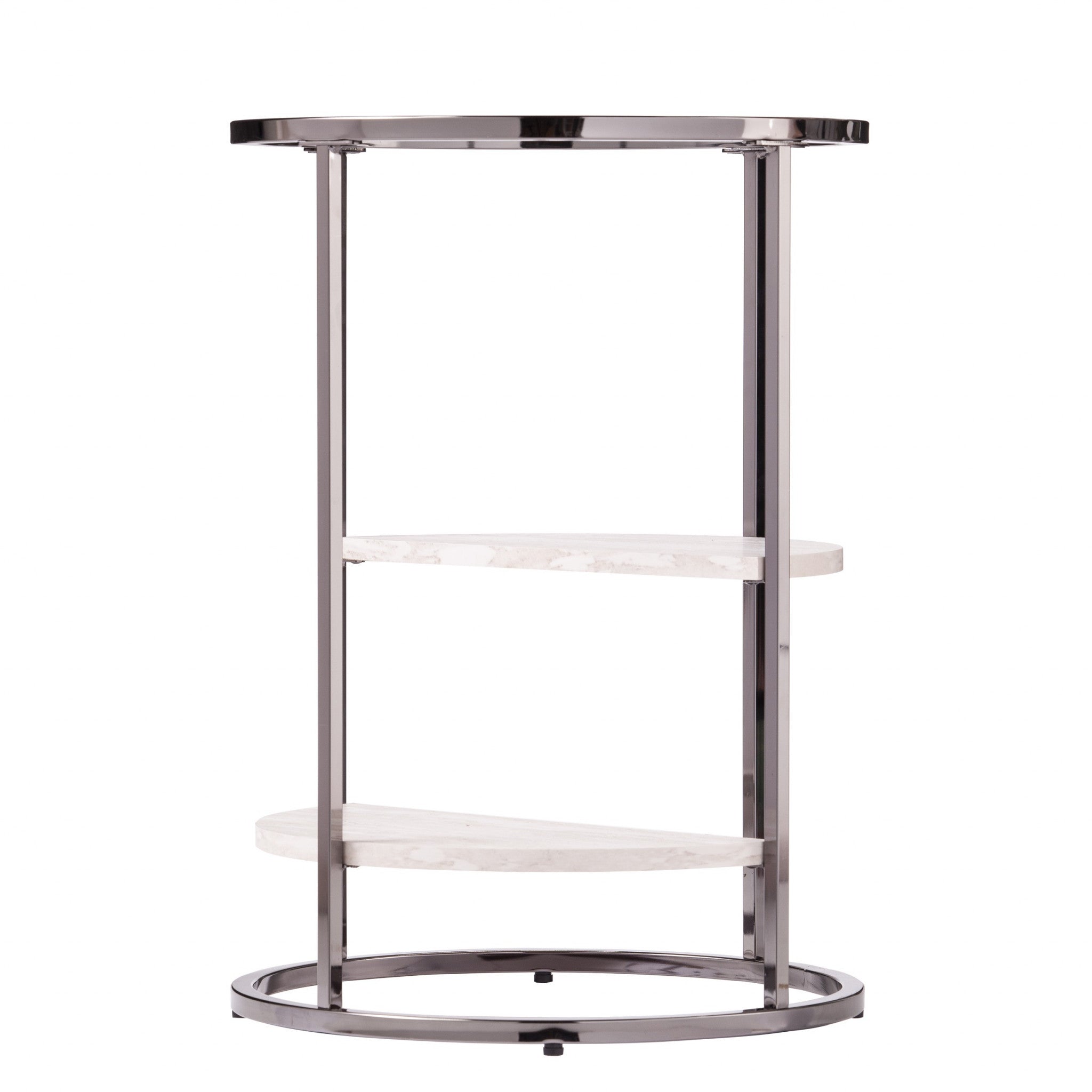 24" Black Metal Glass And Faux Marble Round End Table With Two Shelves-2