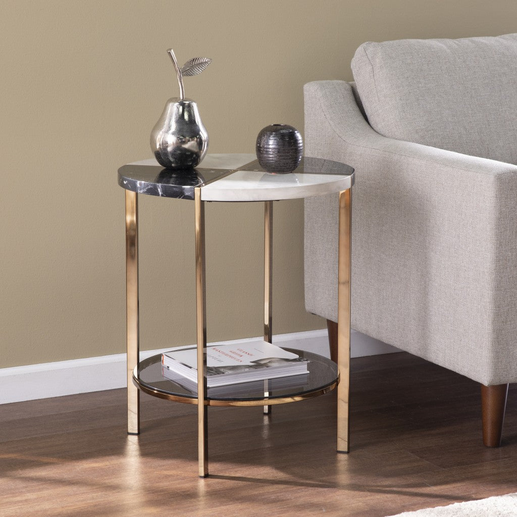 24" Black Manufactured Wood And Iron Round End Table With Two Shelves-4