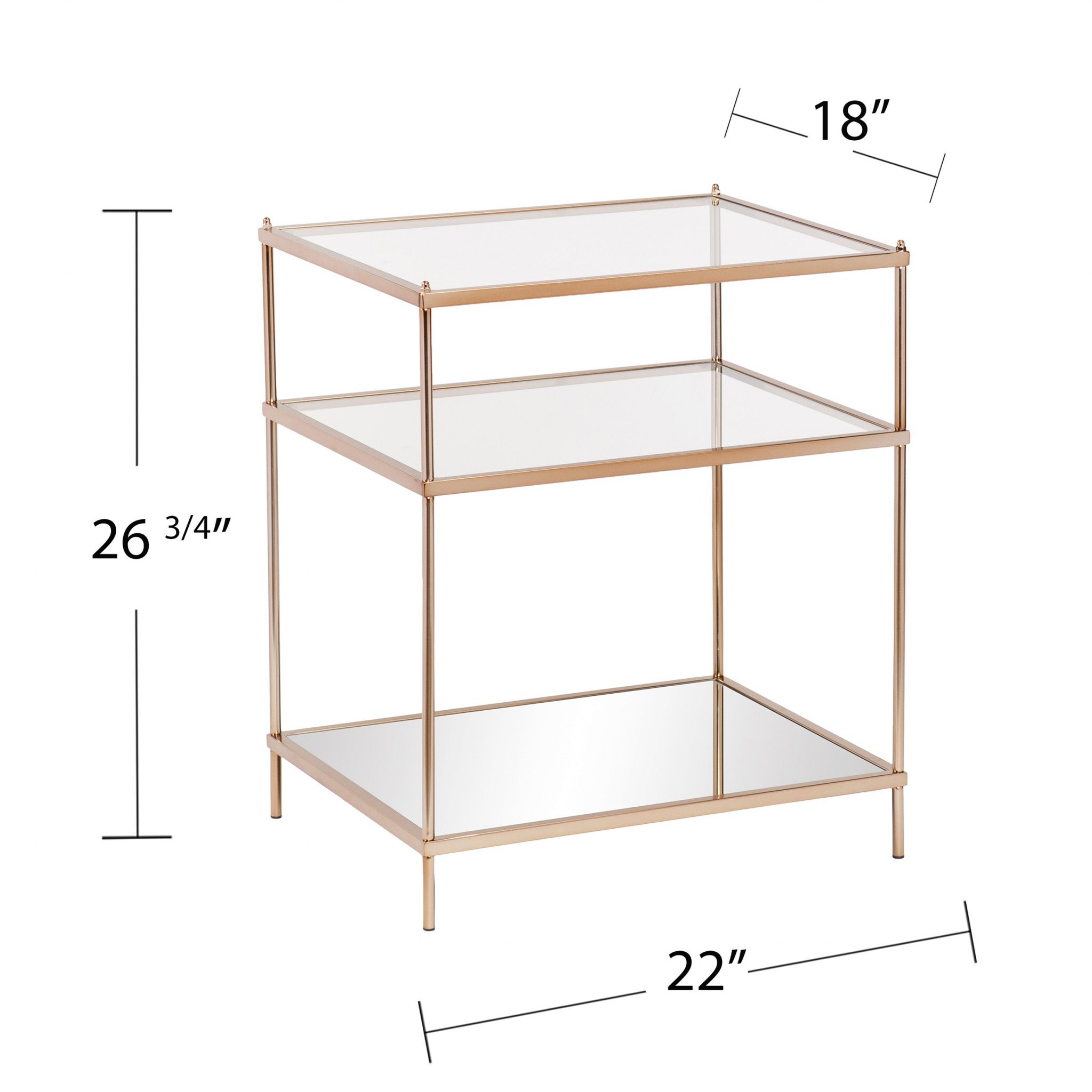 27" Gold And Clear Glass And Iron End Table With Mirrored Shelf-End-Side Tables-DECOROLALA