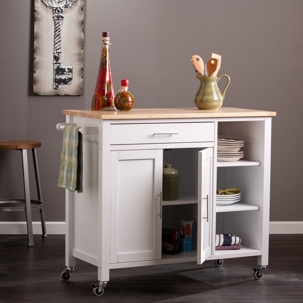 42" Natural and White Butcher Block and Iron Rolling Kitchen Cart With Storage-Kitchen Carts-Islands-DECOROLALA