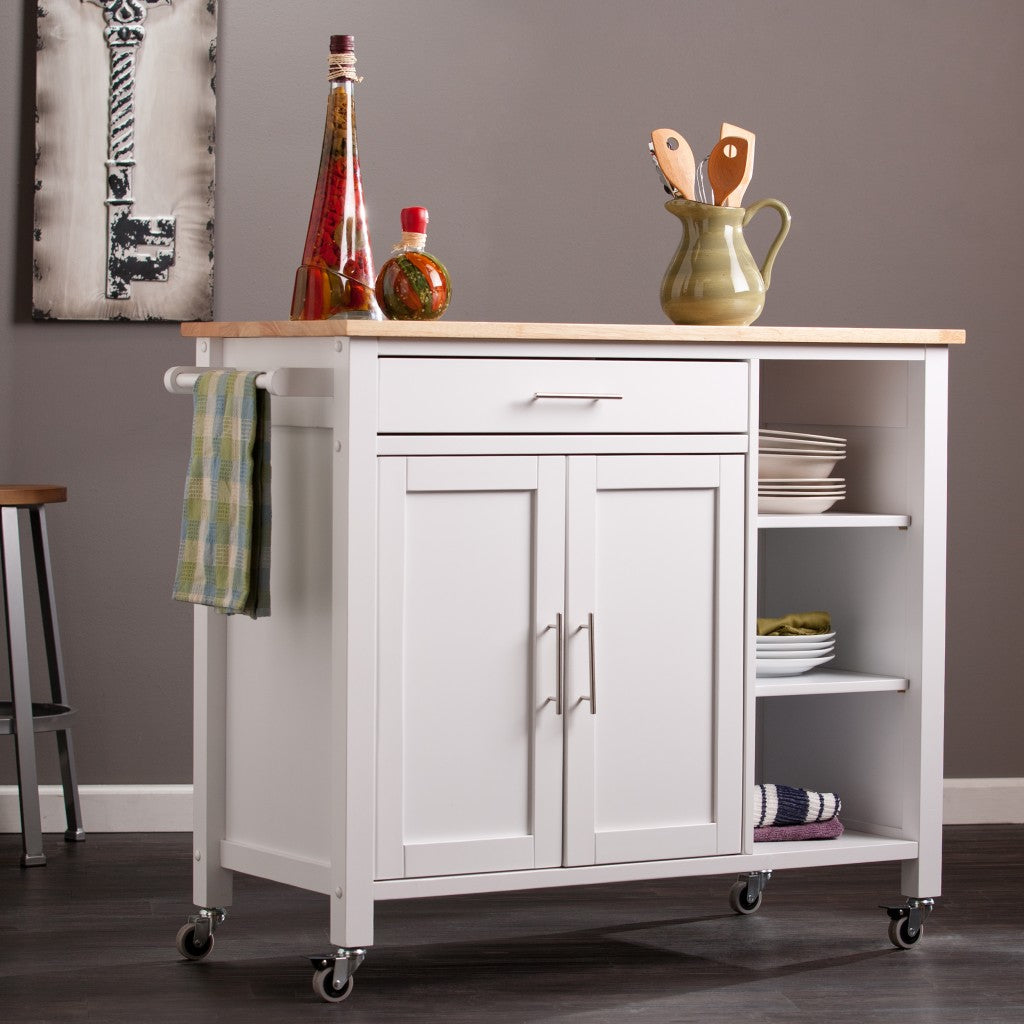 42" Natural and White Butcher Block and Iron Rolling Kitchen Cart With Storage-Kitchen Carts-Islands-DECOROLALA