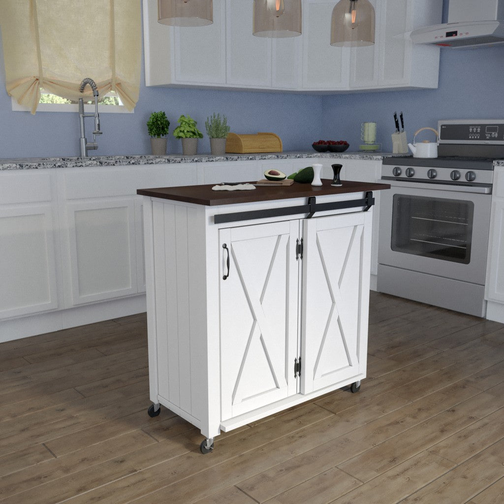 35" Dark Brown and White Wood Rolling Kitchen Cart-Kitchen Carts-Islands-DECOROLALA
