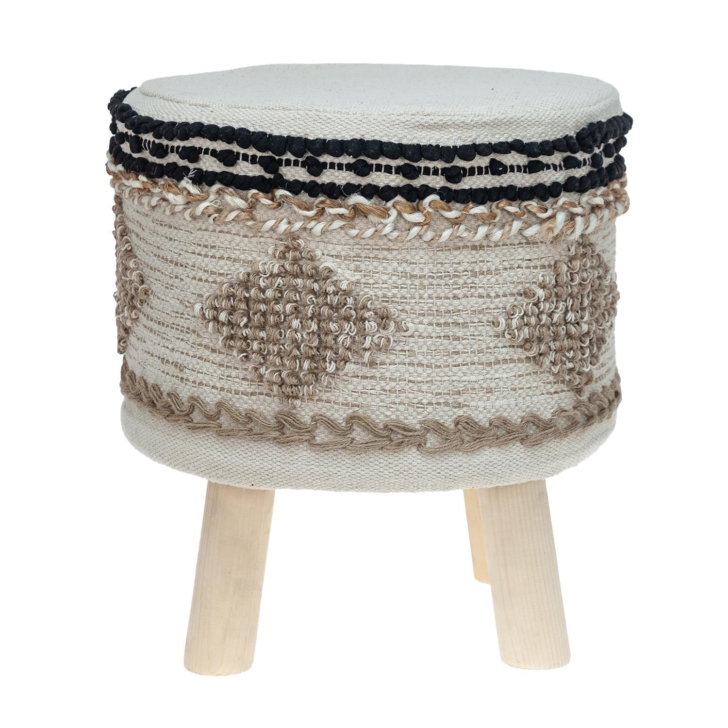 16" Beige Jute And Brown Round Abstract Ottoman-Ottomans-DECOROLALA