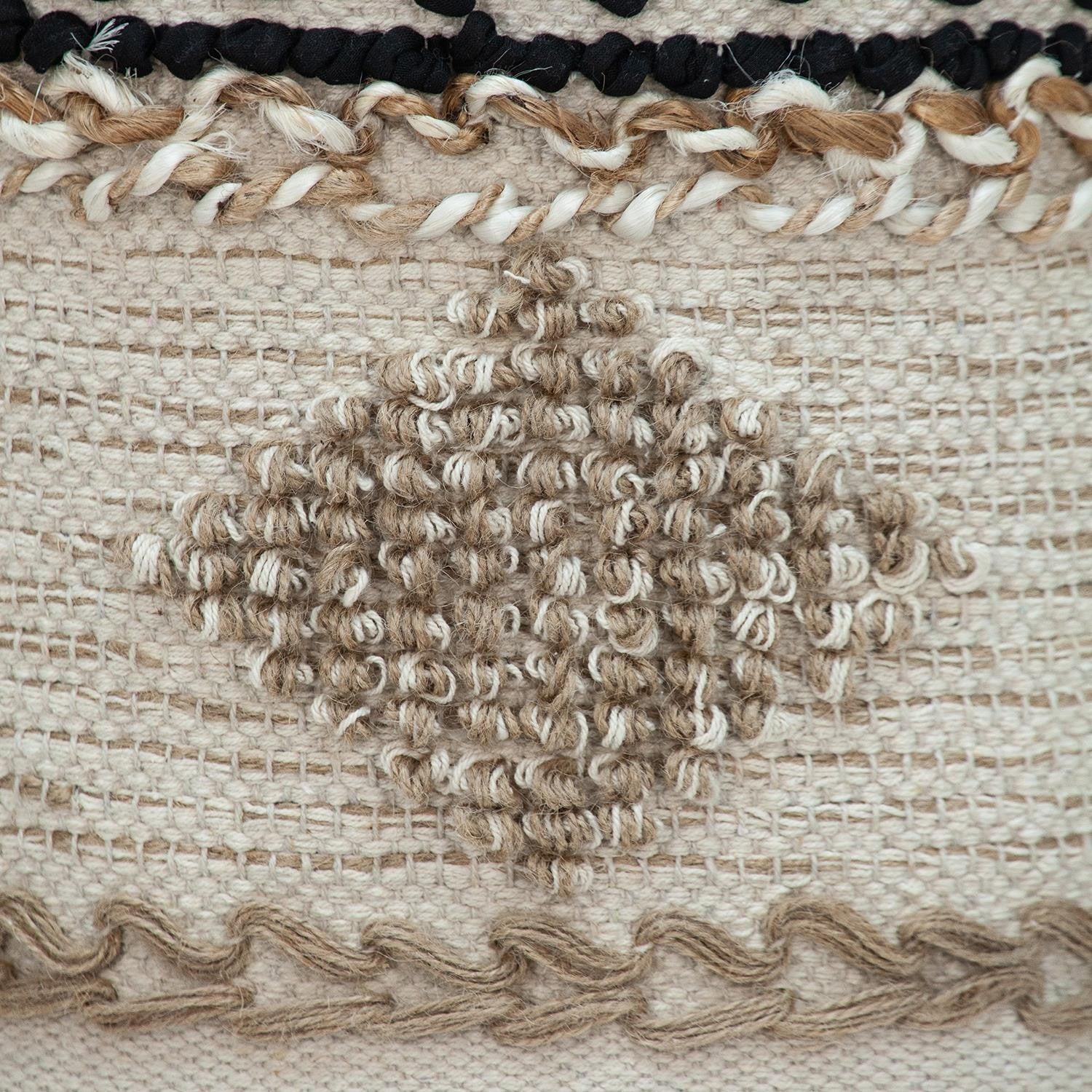16" Beige Jute And Brown Round Abstract Ottoman-Ottomans-DECOROLALA