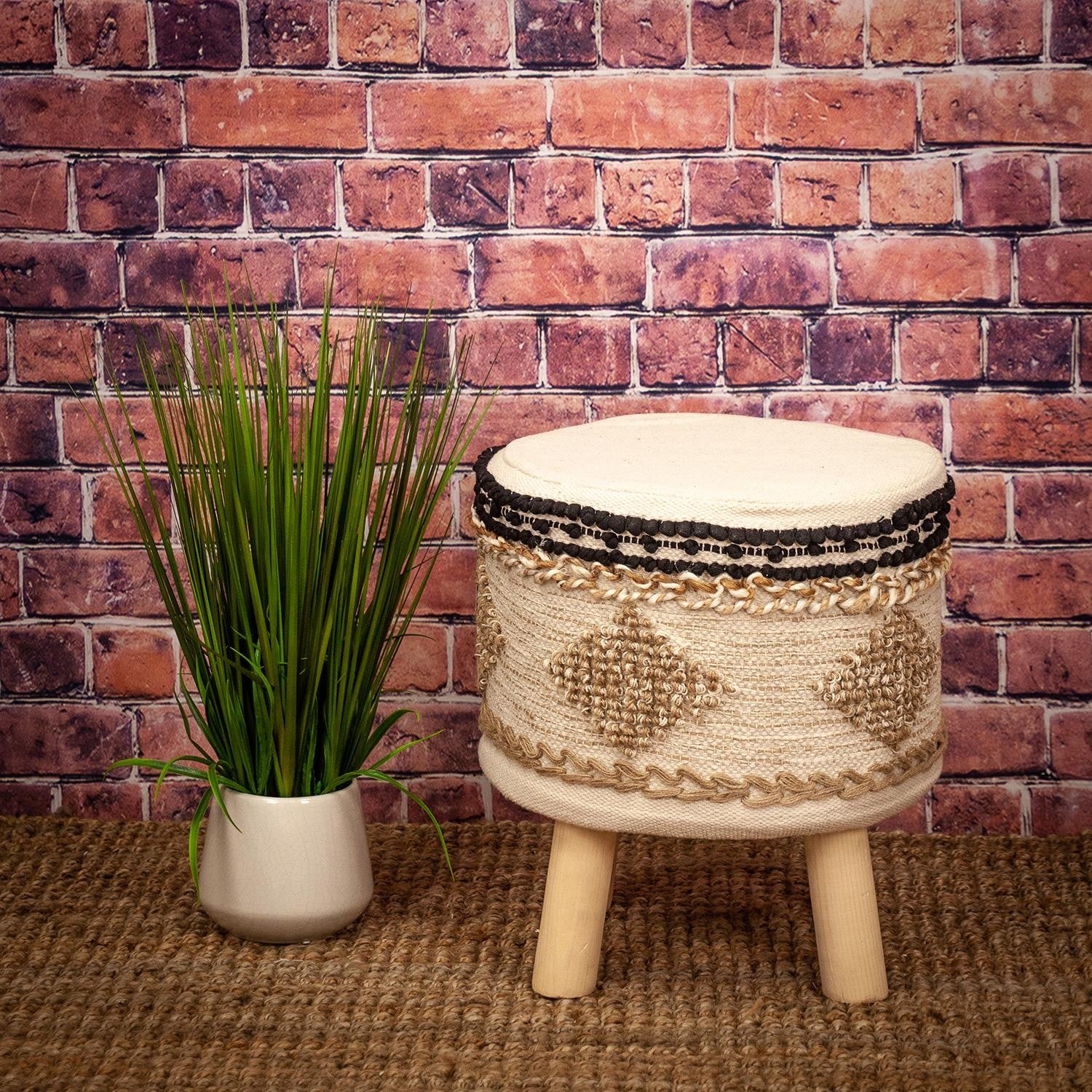 16" Beige Jute And Brown Round Abstract Ottoman-Ottomans-DECOROLALA
