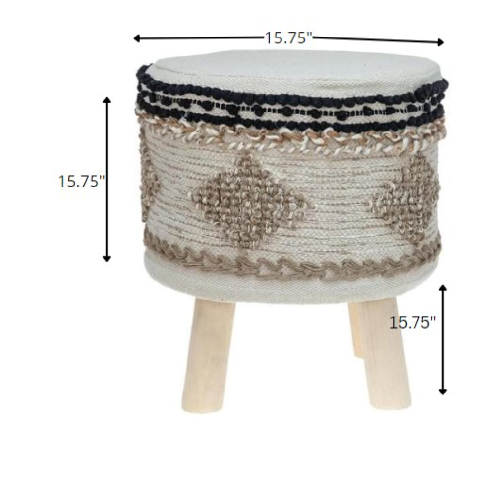 16" Beige Jute And Brown Round Abstract Ottoman-Ottomans-DECOROLALA
