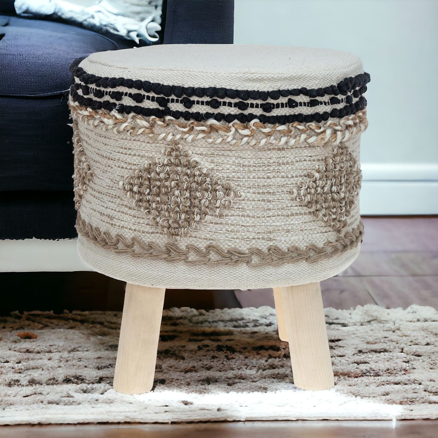 16" Beige Jute And Brown Round Abstract Ottoman-Ottomans-DECOROLALA