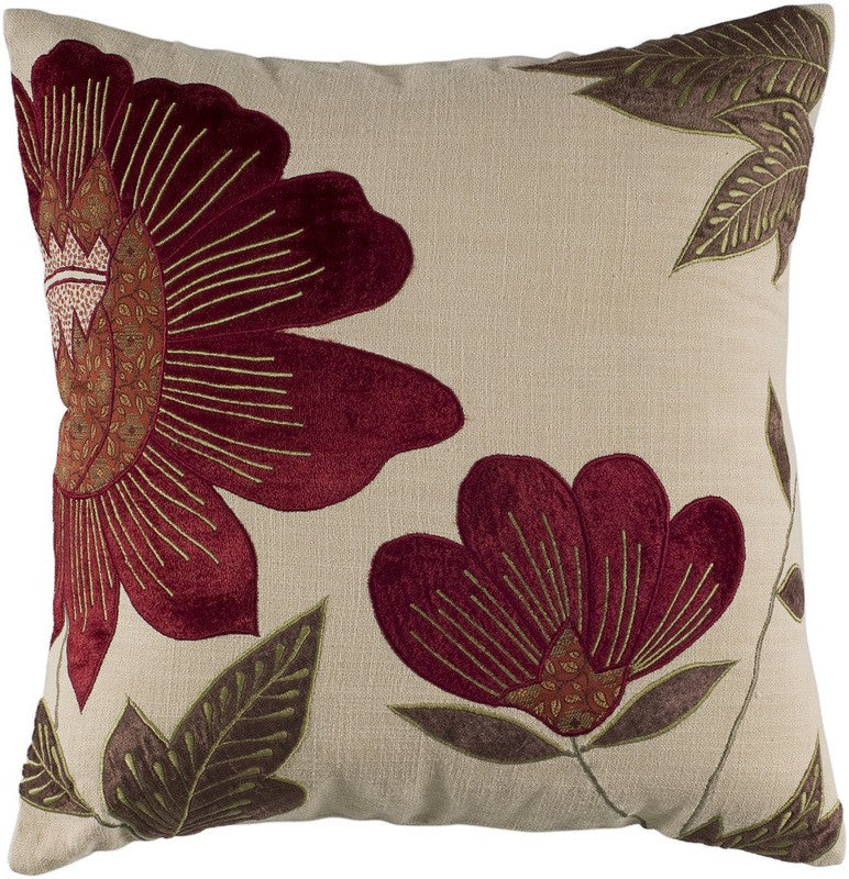 18" Beige and Red Floral Throw Pillow With Embroidery-2