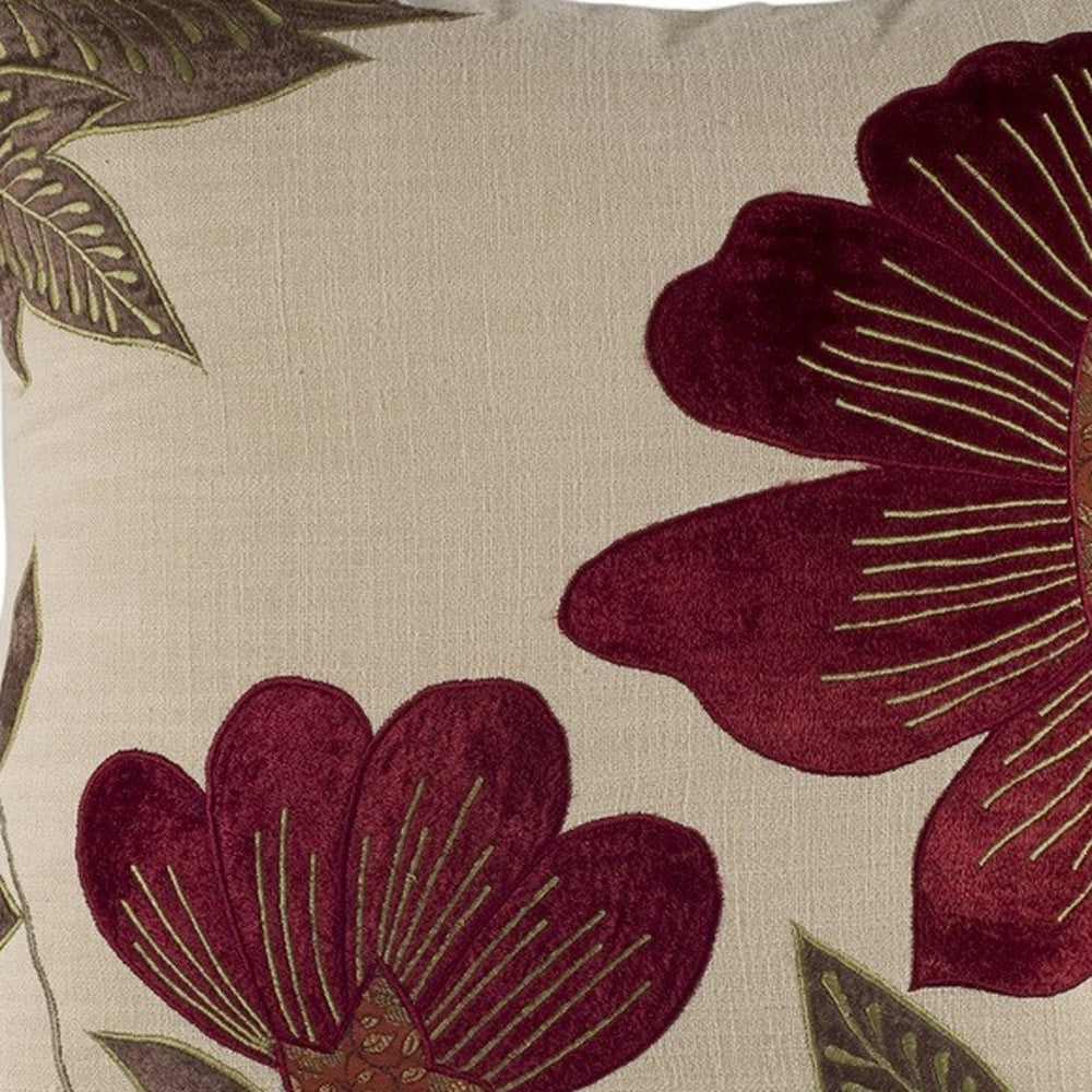 18" Beige and Red Floral Throw Pillow With Embroidery-4