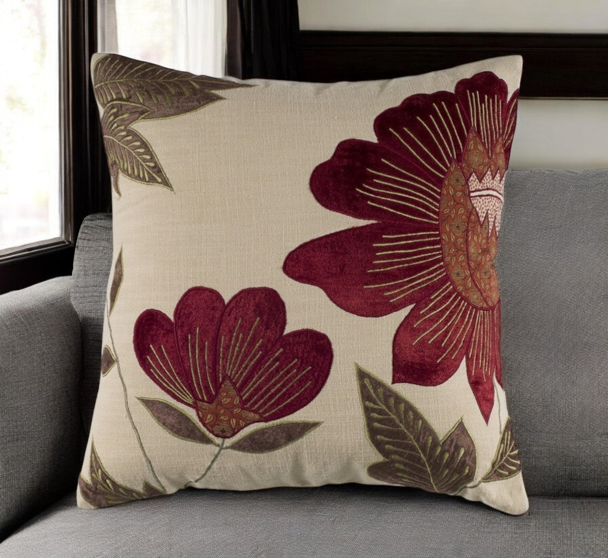 18" Beige and Red Floral Throw Pillow With Embroidery-0