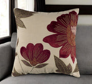 18" Beige and Red Floral Throw Pillow With Embroidery-0