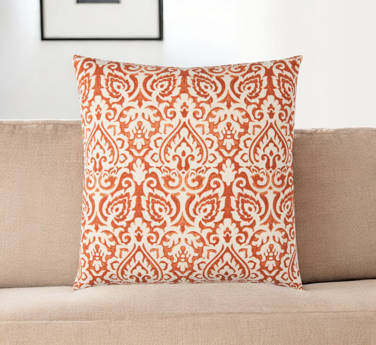 22" Orange and White Damask Cotton Throw Pillow-Accent Throw Pillows-DECOROLALA