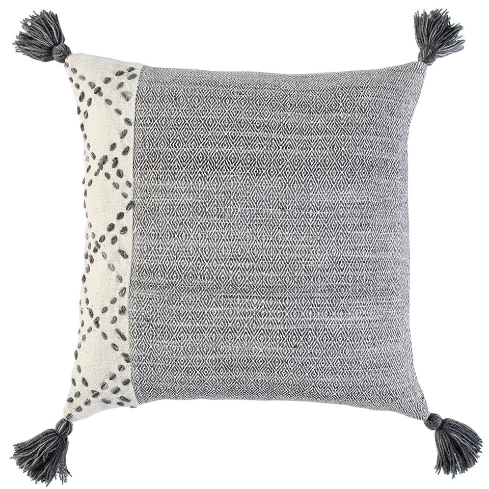 20" Gray and Ivory Herringbone Cotton Throw Pillow With Tassels-1