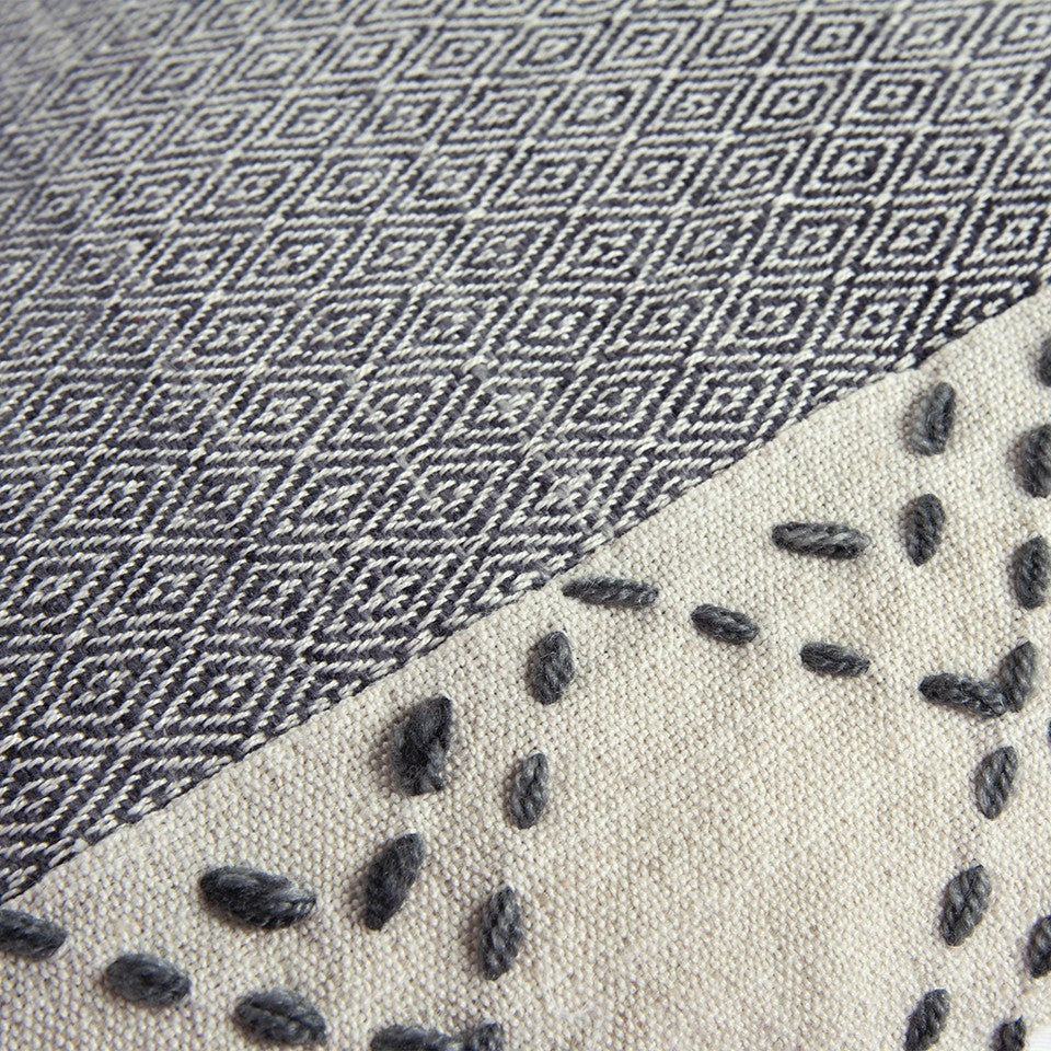 20" Gray and Ivory Herringbone Cotton Throw Pillow With Tassels-6
