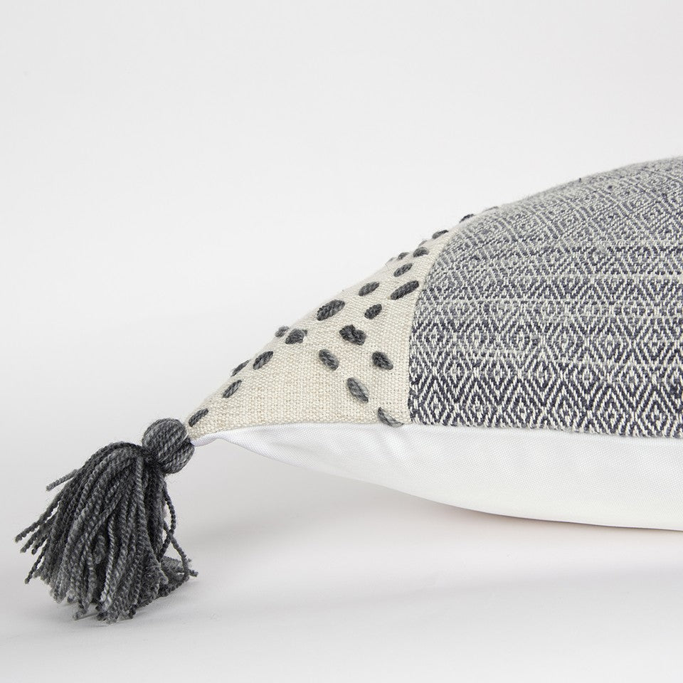 20" Gray and Ivory Herringbone Cotton Throw Pillow With Tassels-3