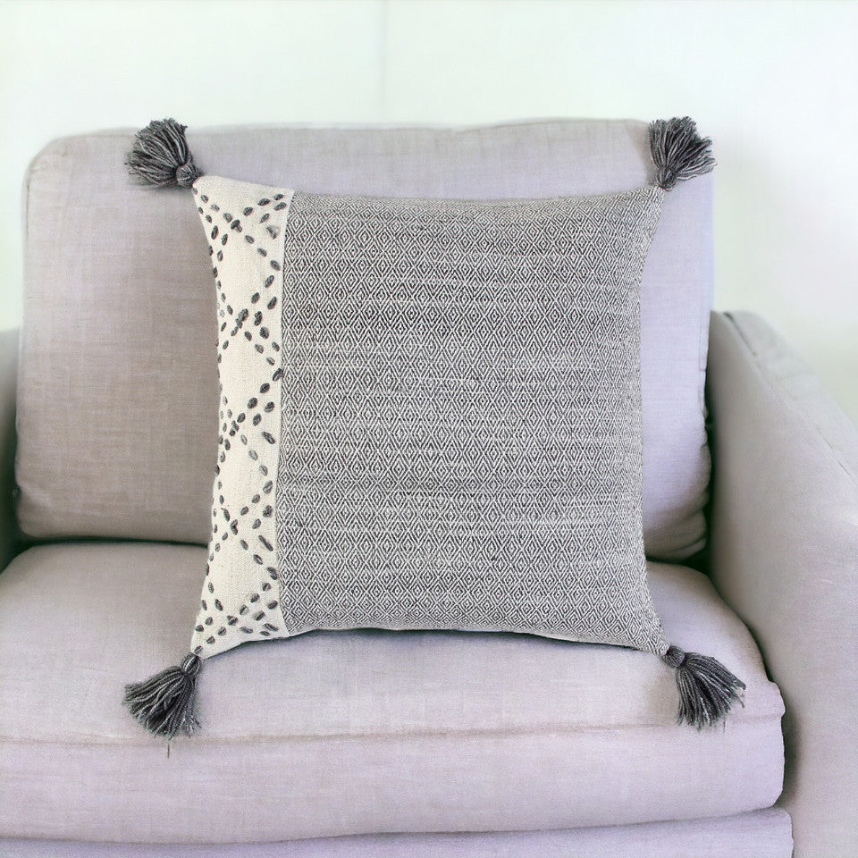 20" Gray and Ivory Herringbone Cotton Throw Pillow With Tassels-0