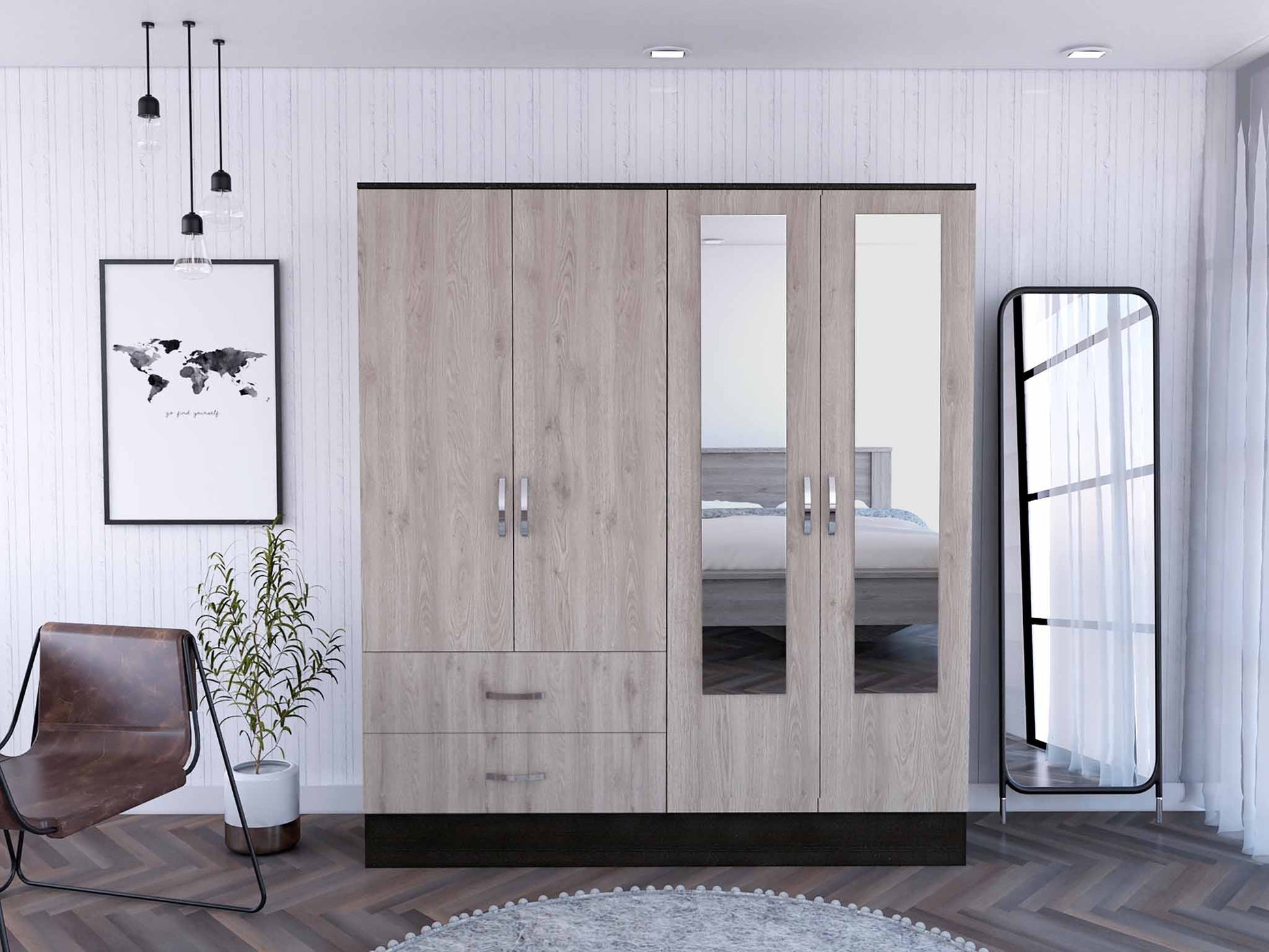 71" Light Oak and Black Four Door Wardrobe Closet with Mirrors-Dressers-DECOROLALA