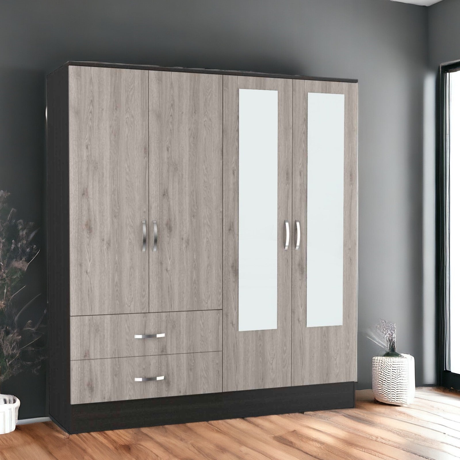 71" Light Oak and Black Four Door Wardrobe Closet with Mirrors-Dressers-DECOROLALA