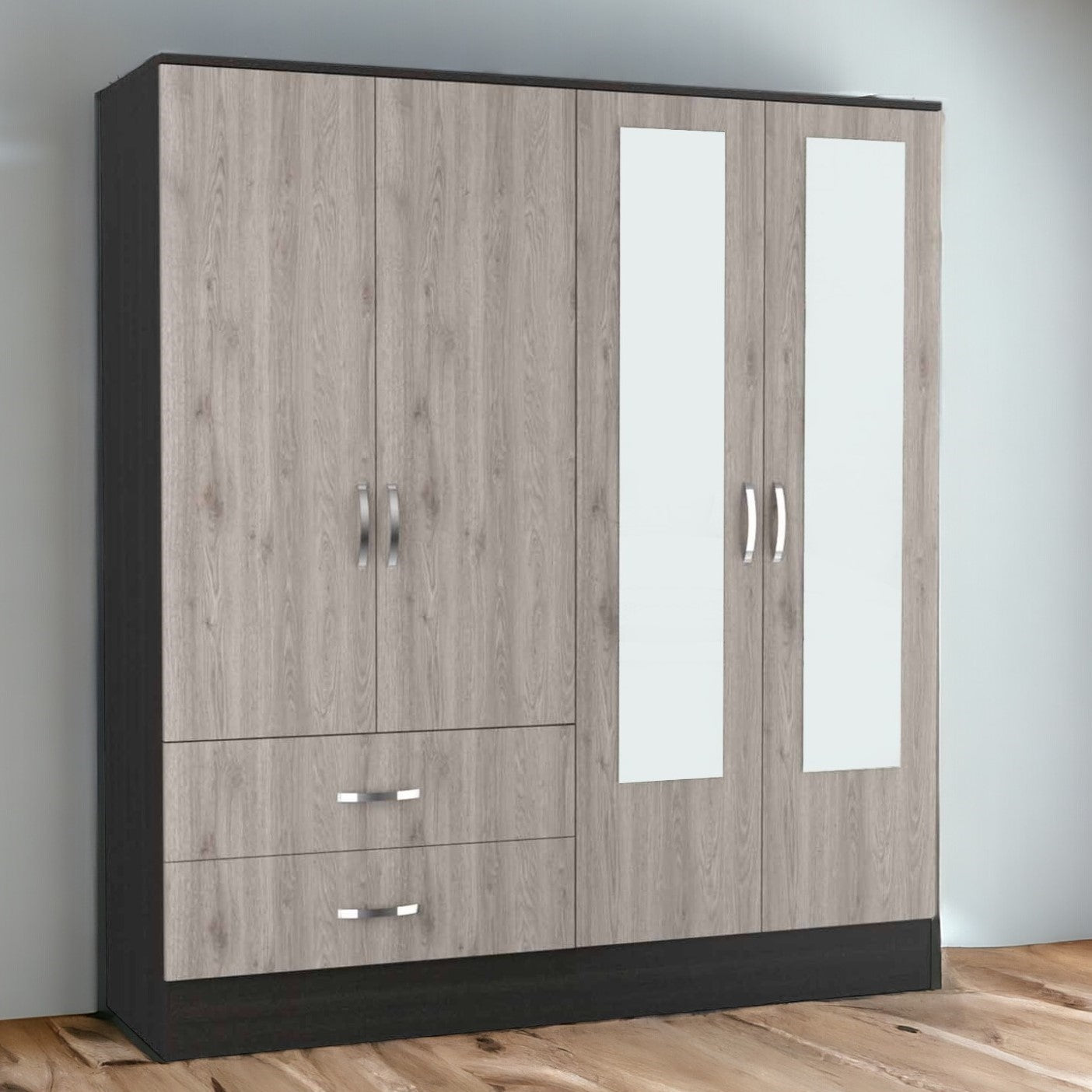 71" Light Oak and Black Four Door Wardrobe Closet with Mirrors-Dressers-DECOROLALA