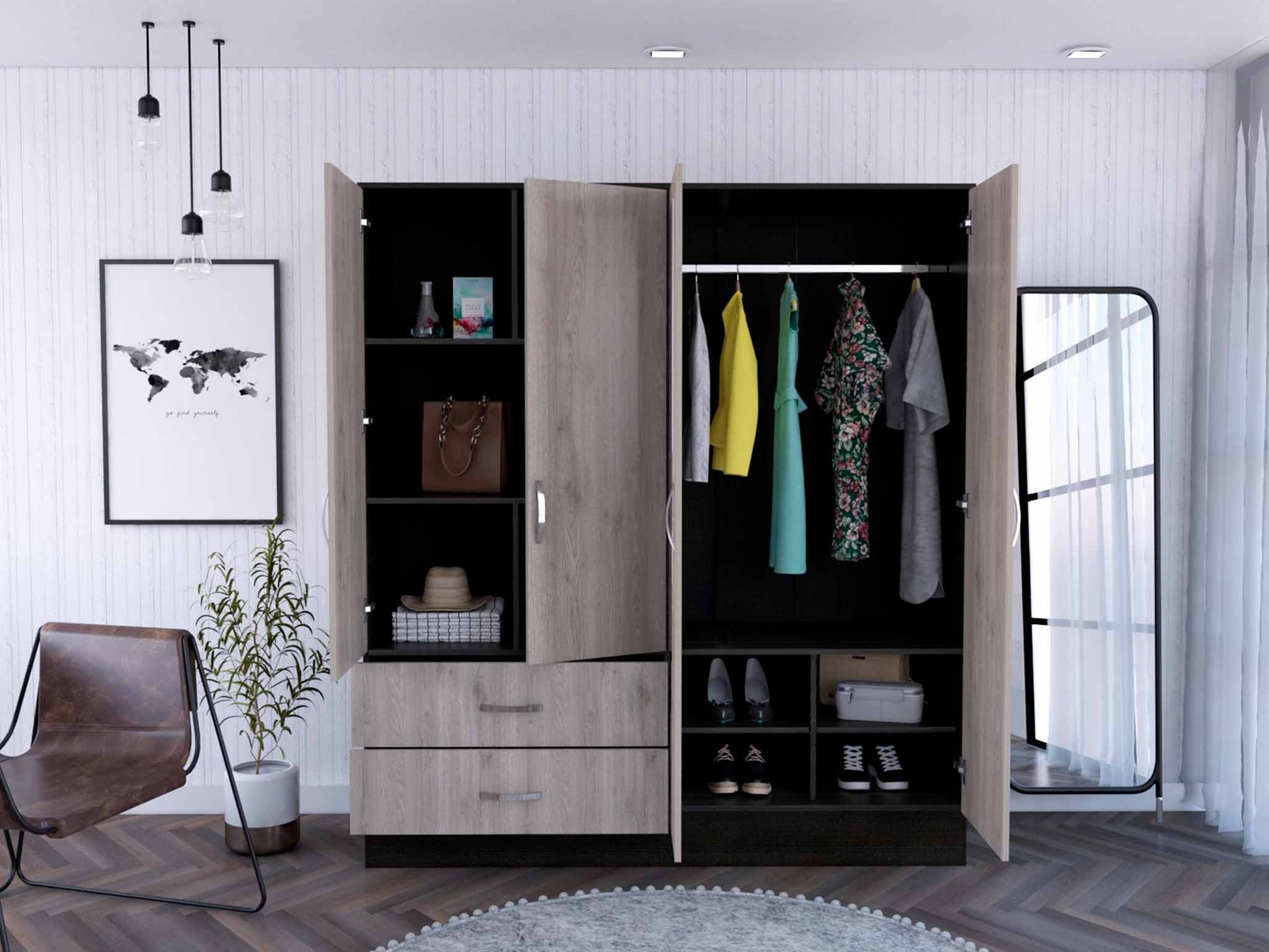 71" Light Oak and Black Four Door Wardrobe Closet with Mirrors-Dressers-DECOROLALA