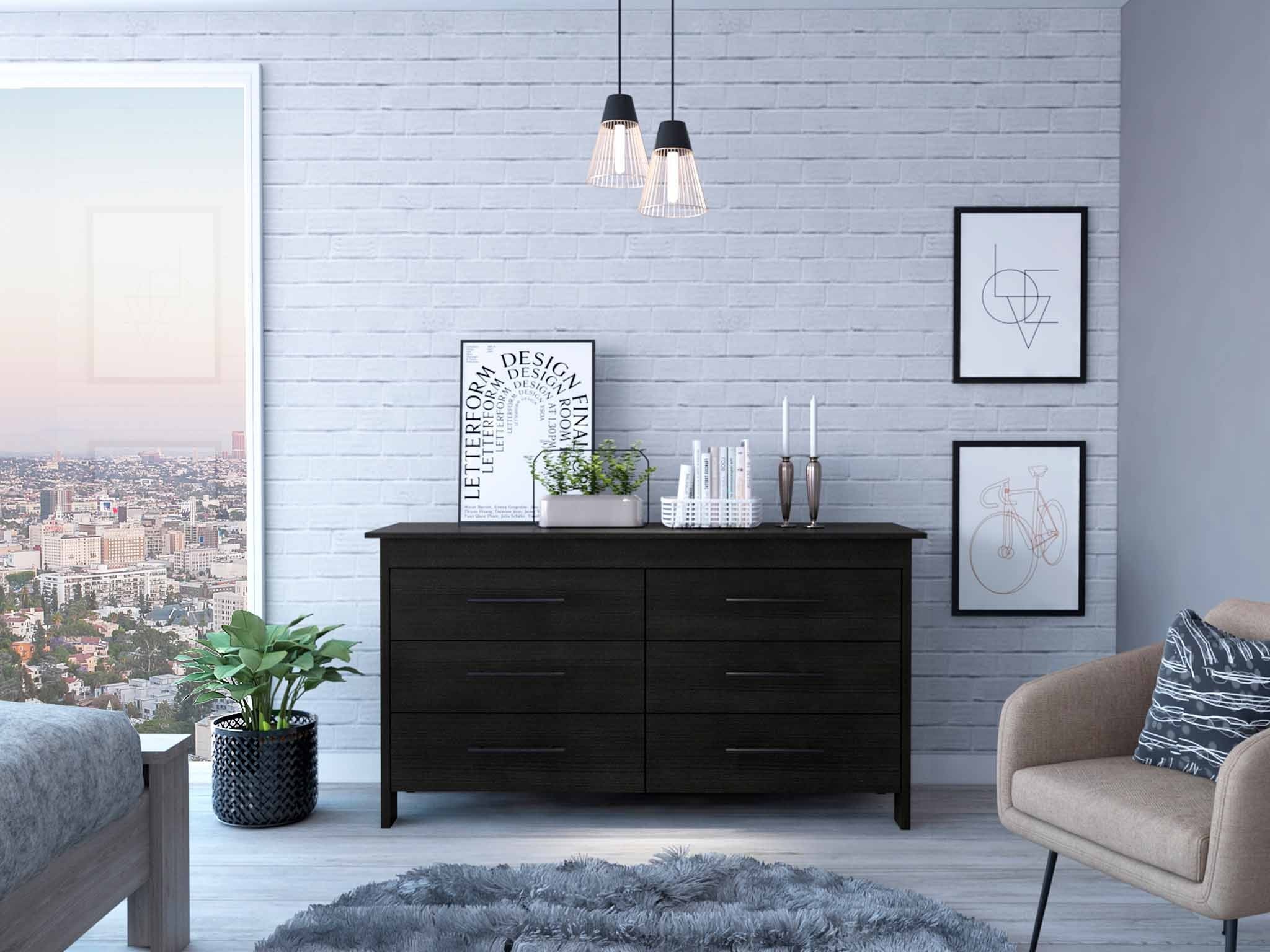 59" Black Six Drawer Double Dresser-Dressers-DECOROLALA