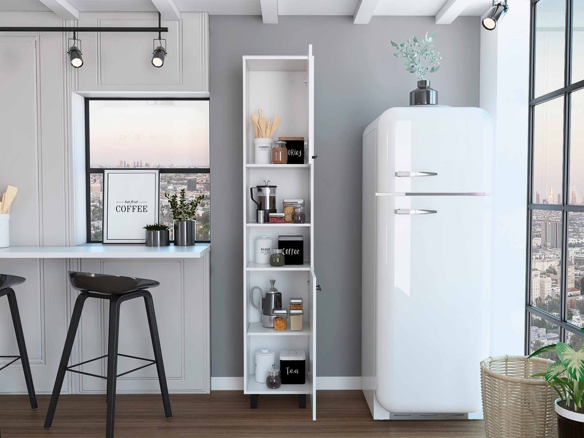 78" Modern White Pantry Cabinet with Five Shelves-6