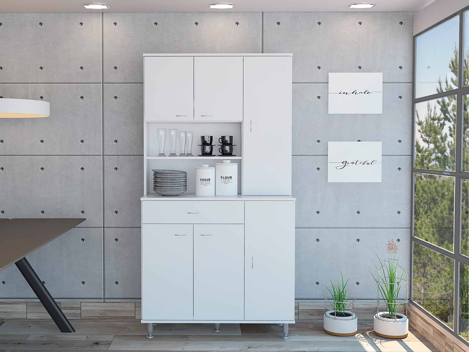 67" White Pantry Cabinet with Five Storage Shelves-4