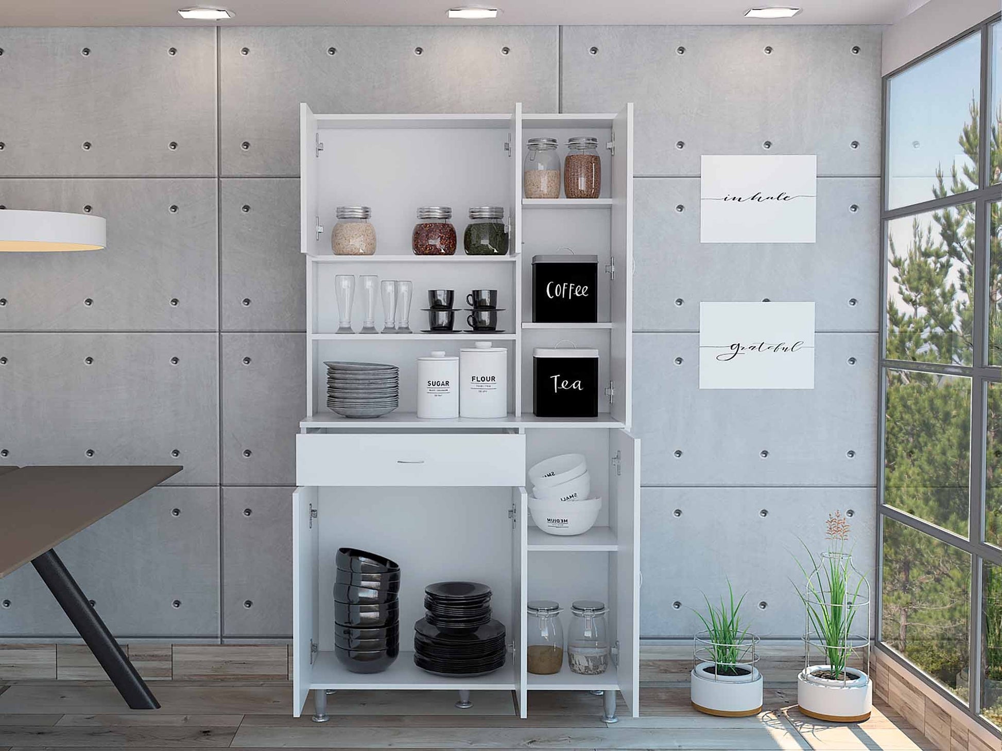 67" White Pantry Cabinet with Five Storage Shelves-5