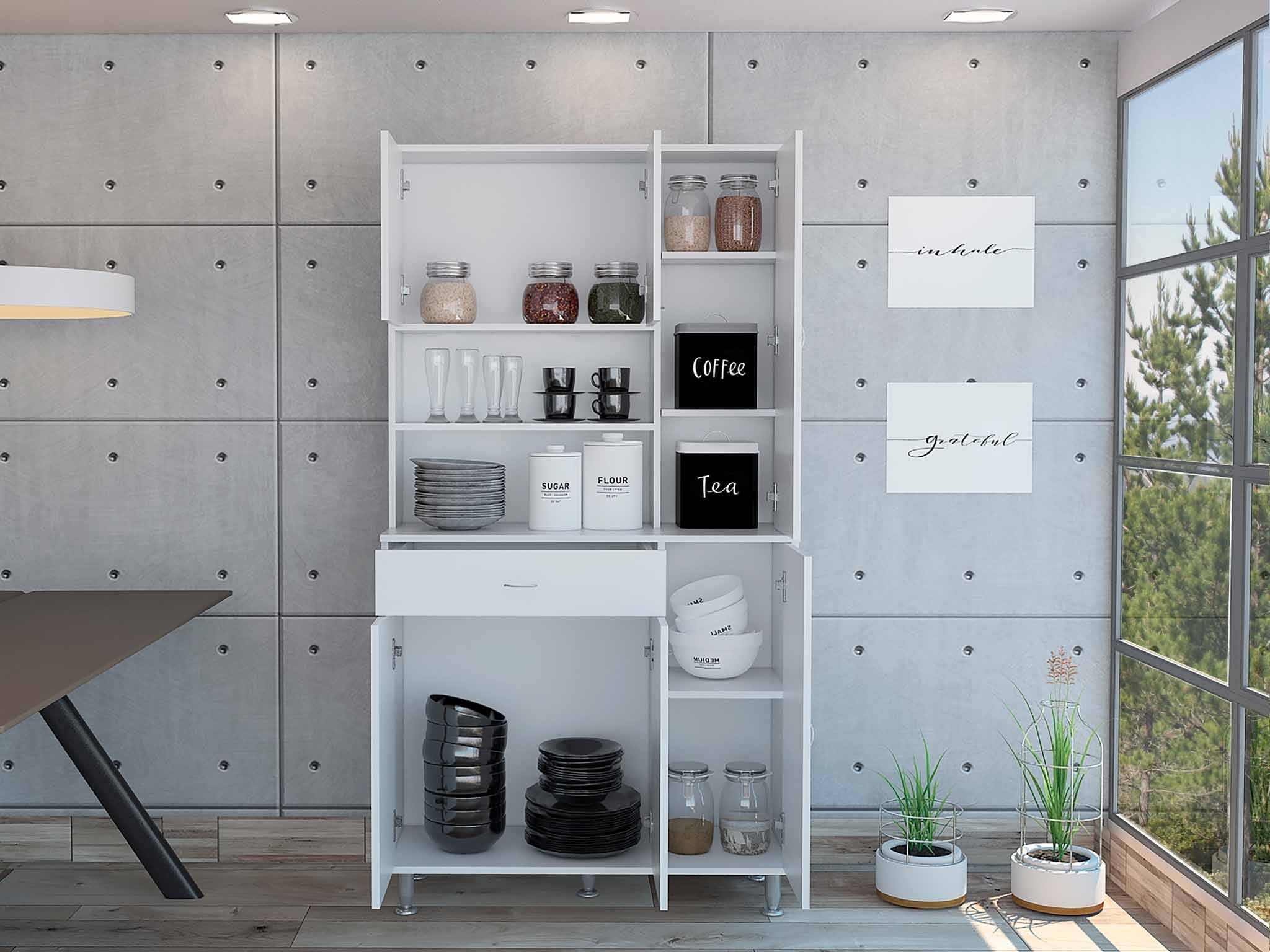 67" White Pantry Cabinet with Five Storage Shelves-5
