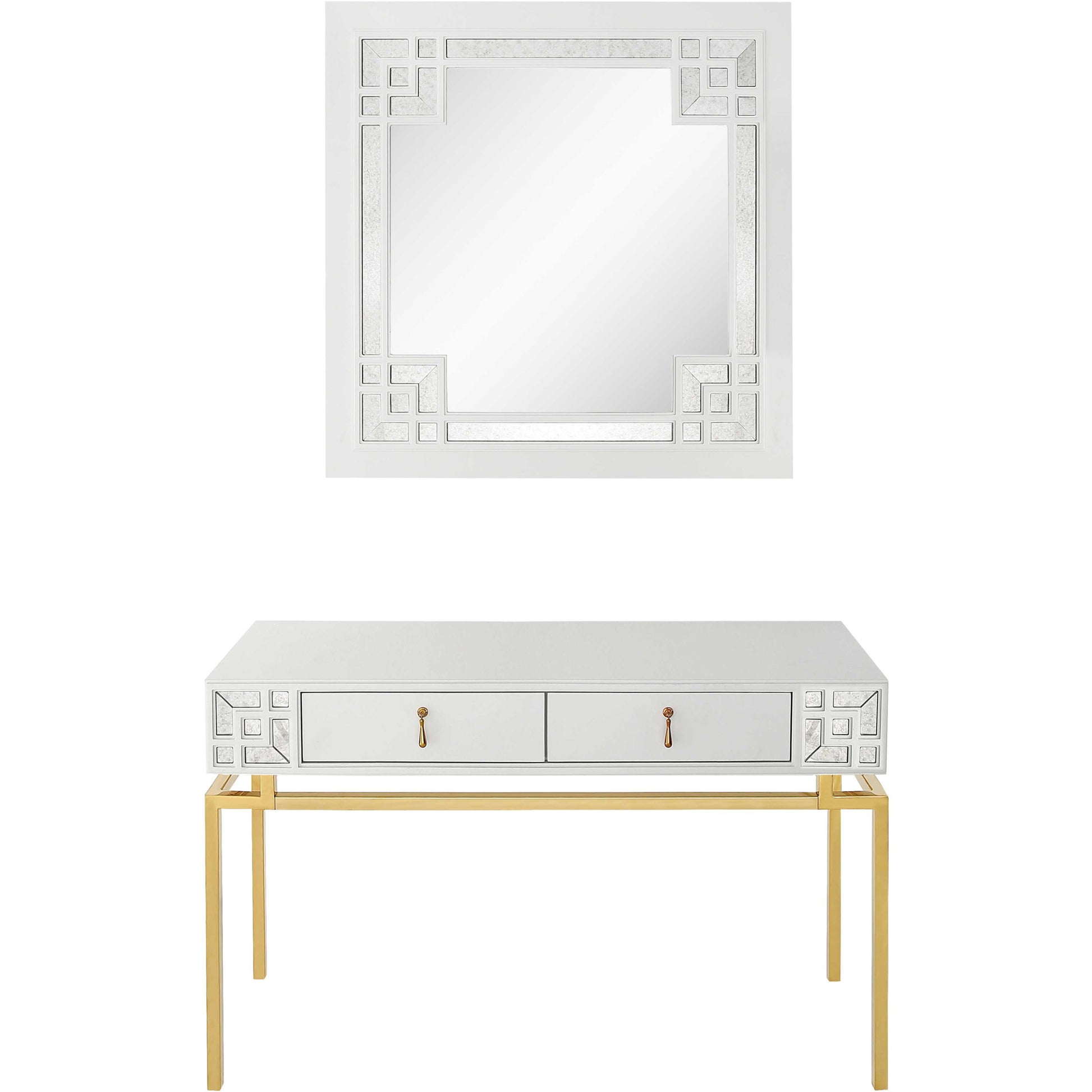 47" White and Gold Mirrored Wood Console Table With Two Drawers-Console Tables-DECOROLALA