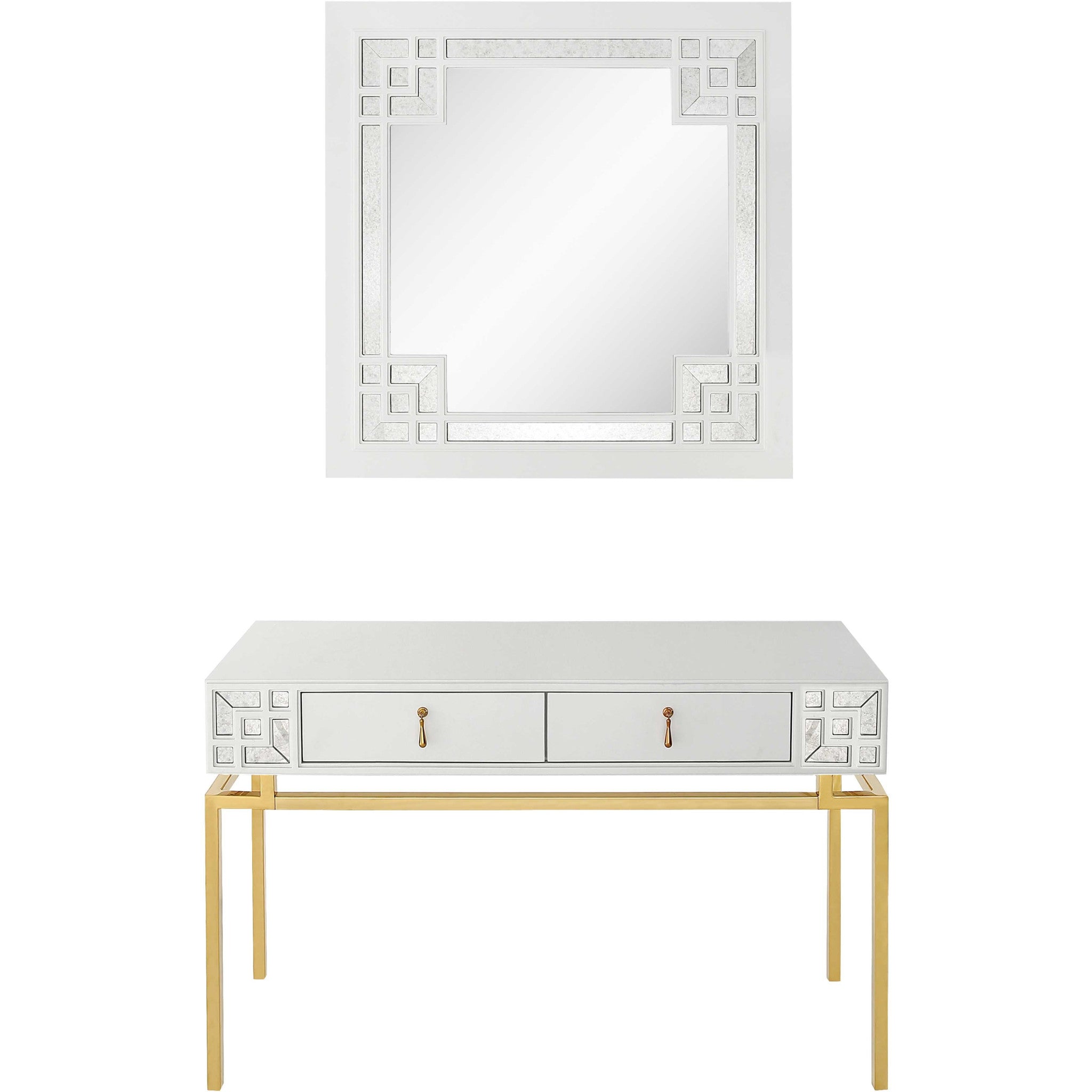 47" White and Gold Mirrored Wood Console Table With Two Drawers-Console Tables-DECOROLALA