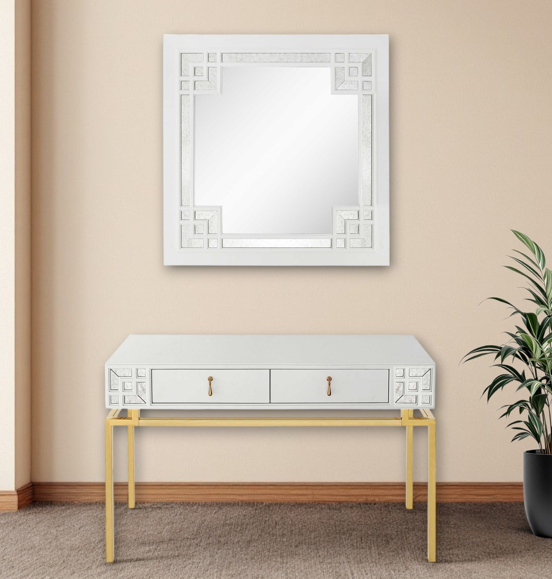 47" White and Gold Mirrored Wood Console Table With Two Drawers-Console Tables-DECOROLALA