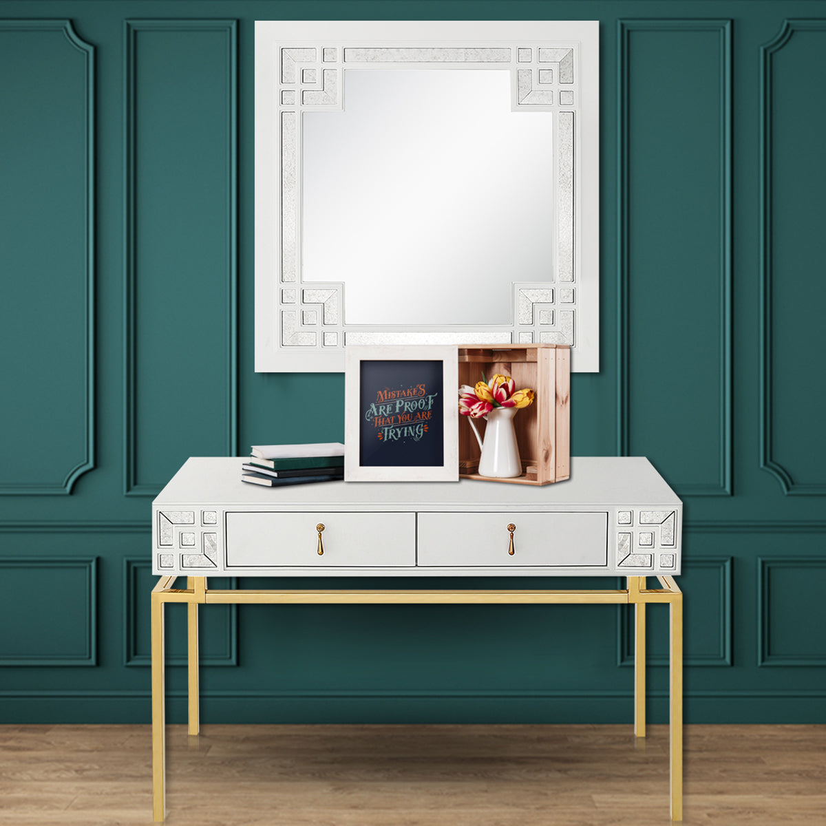 47" White and Gold Mirrored Wood Console Table With Two Drawers-Console Tables-DECOROLALA
