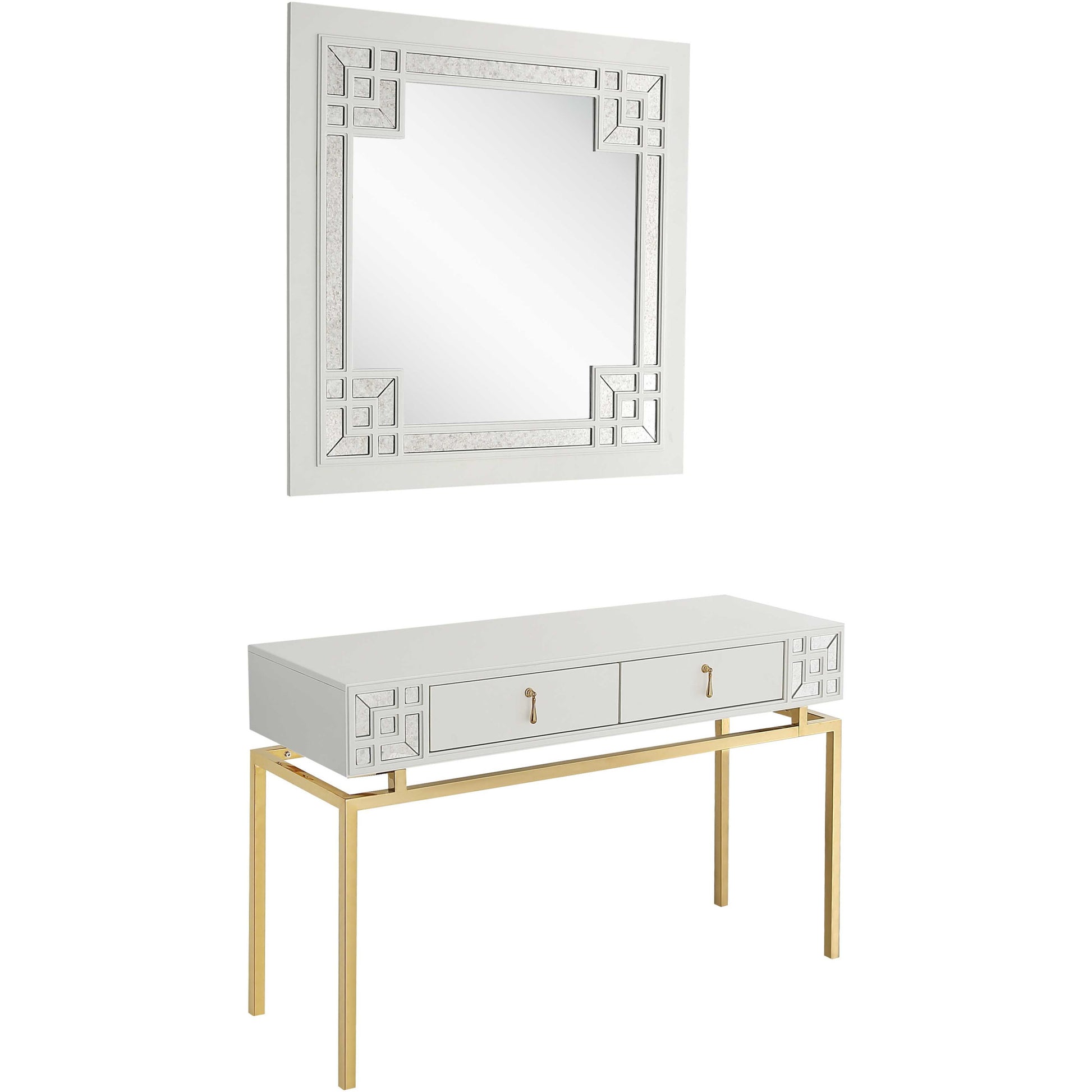 47" White and Gold Mirrored Wood Console Table With Two Drawers-Console Tables-DECOROLALA