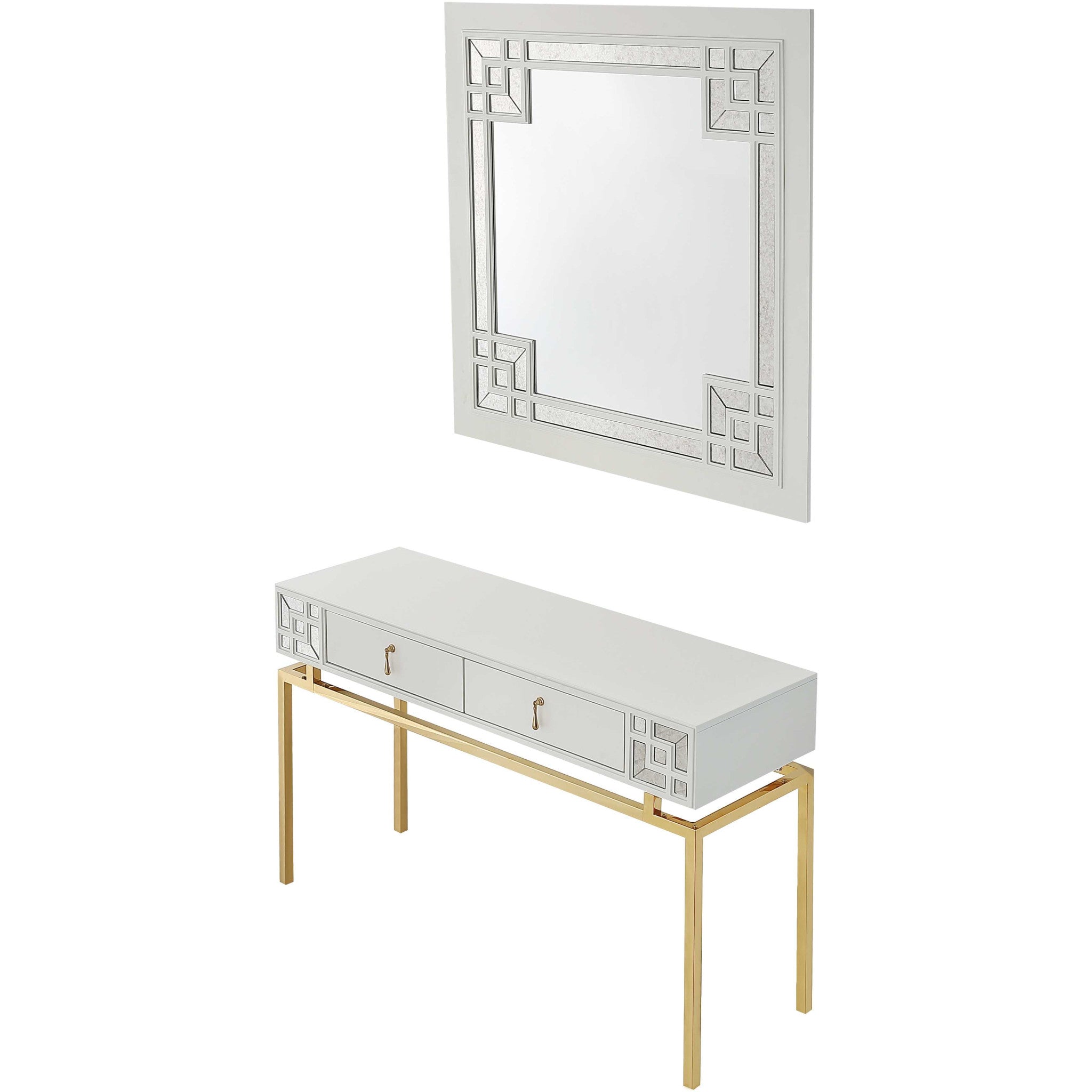 47" White and Gold Mirrored Wood Console Table With Two Drawers-Console Tables-DECOROLALA